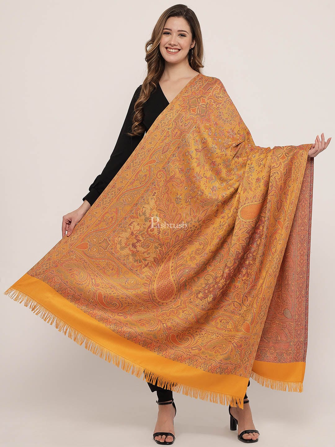 Pashtush Women's Jamawar Reversible Shawl, Mustard - Image 2