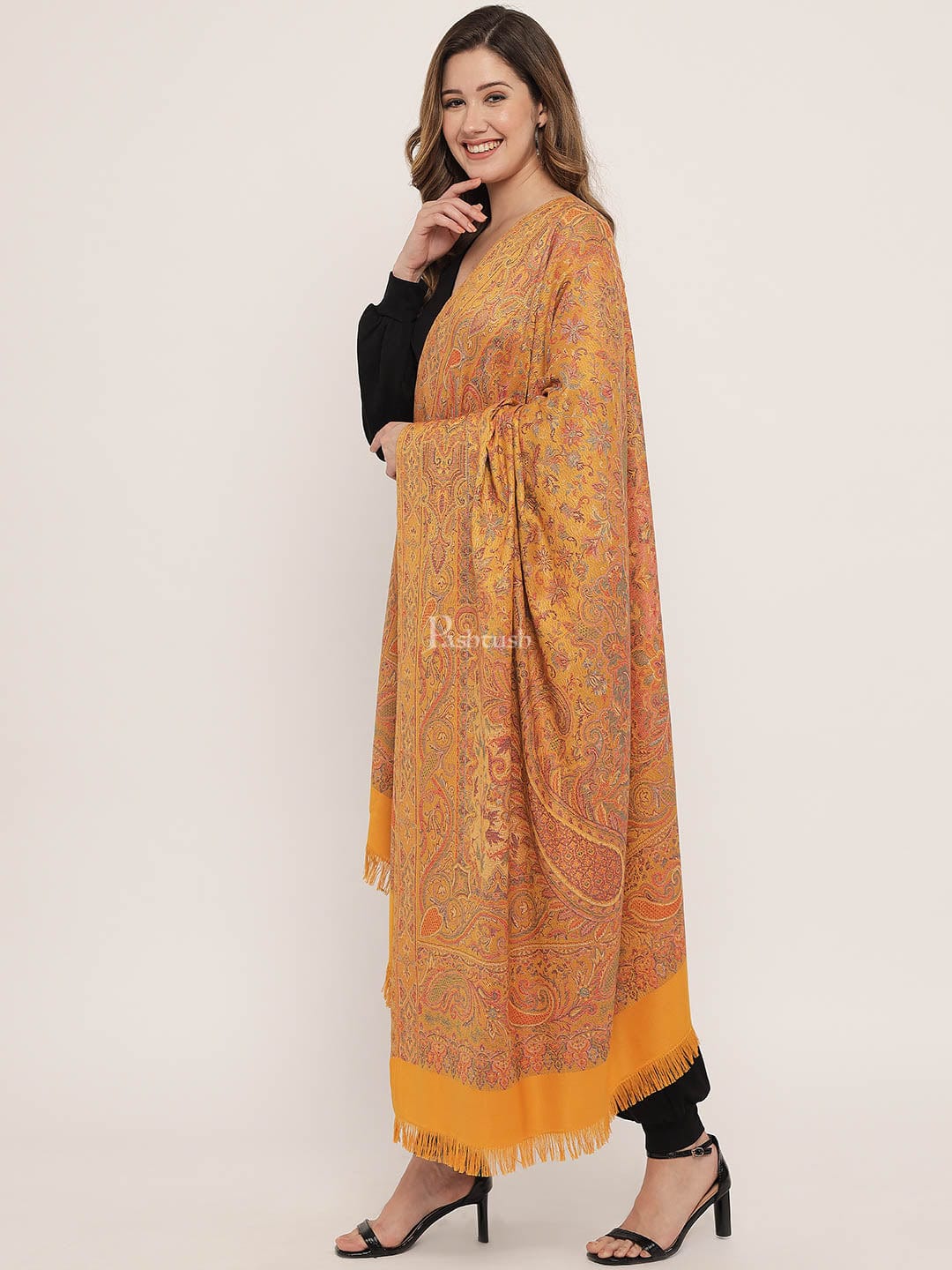 Pashtush Women's Jamawar Reversible Shawl, Mustard - Image 5
