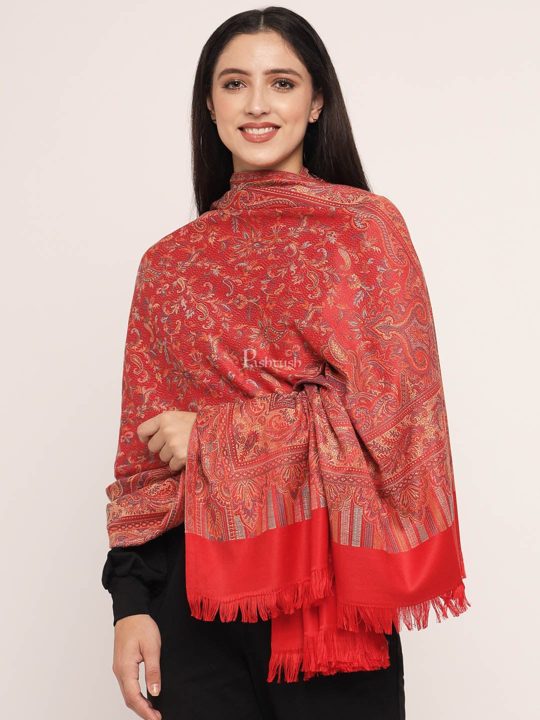 Pashtush Women's Jamawar Shawl, Red - Image 4