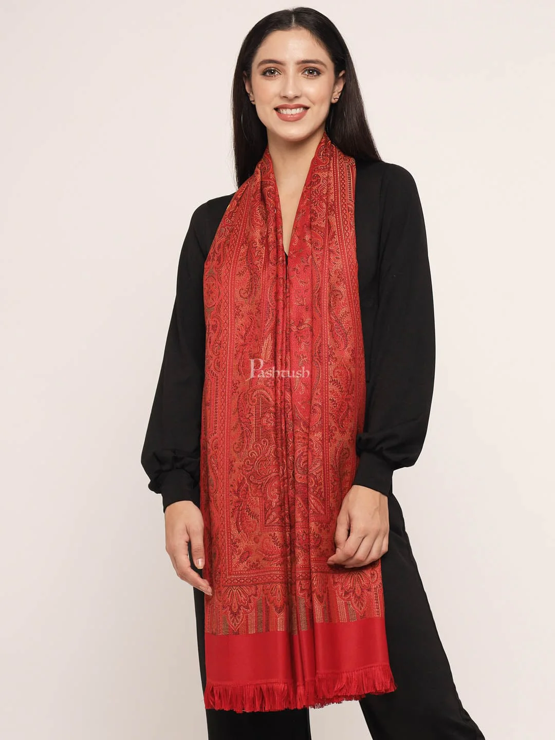 Pashtush Women's Jamawar Shawl, Maroon - Image 3