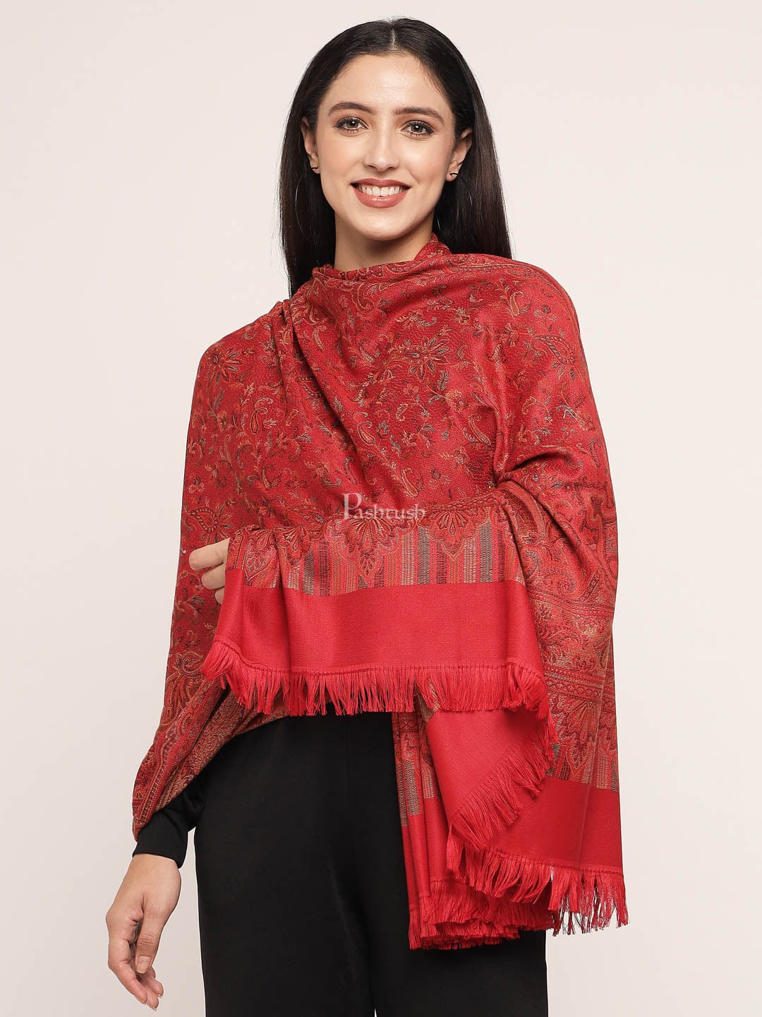 Pashtush Women's Jamawar Shawl, Maroon - Image 4