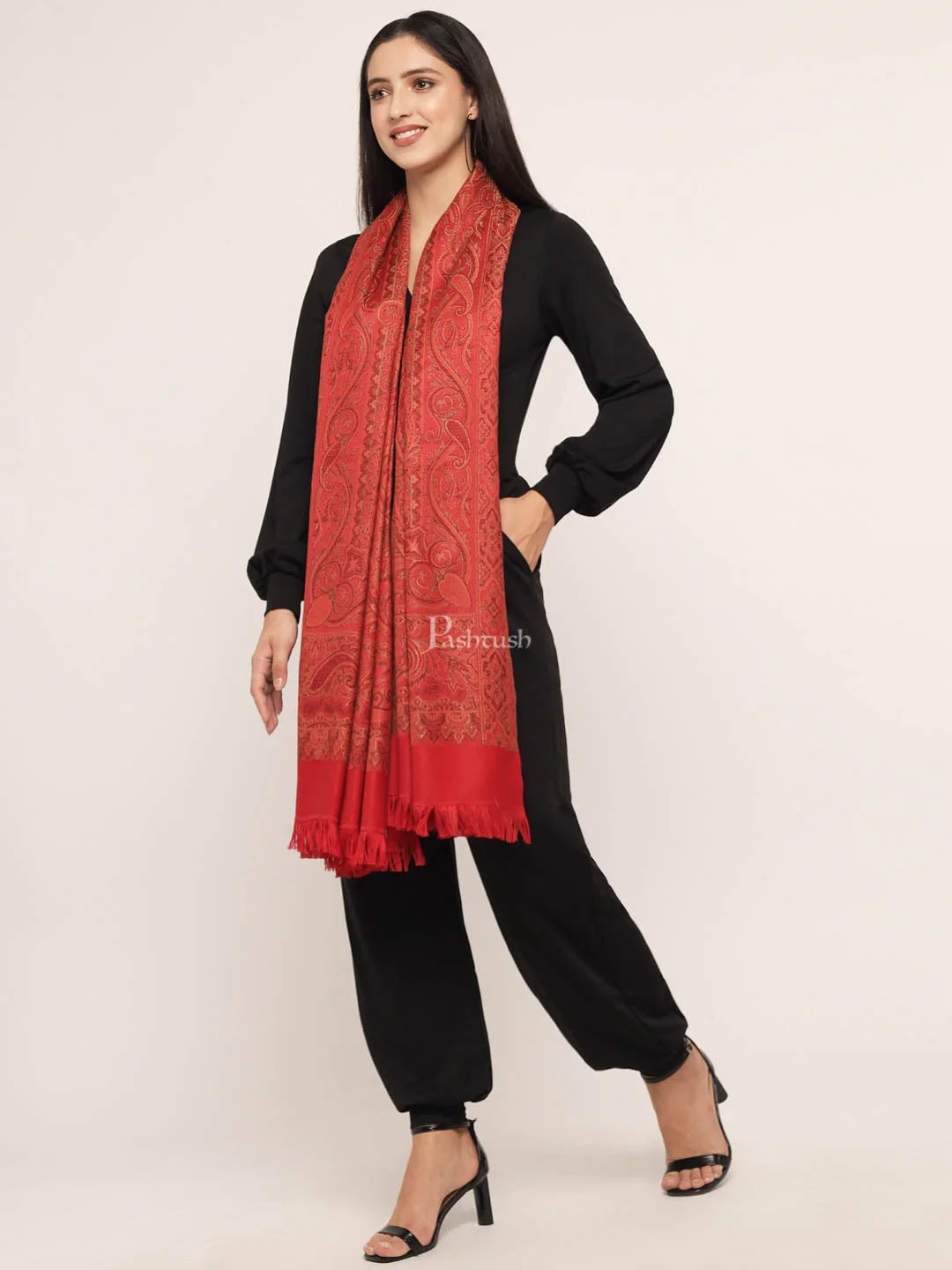 Pashtush Women's Jamawar Shawl, Red