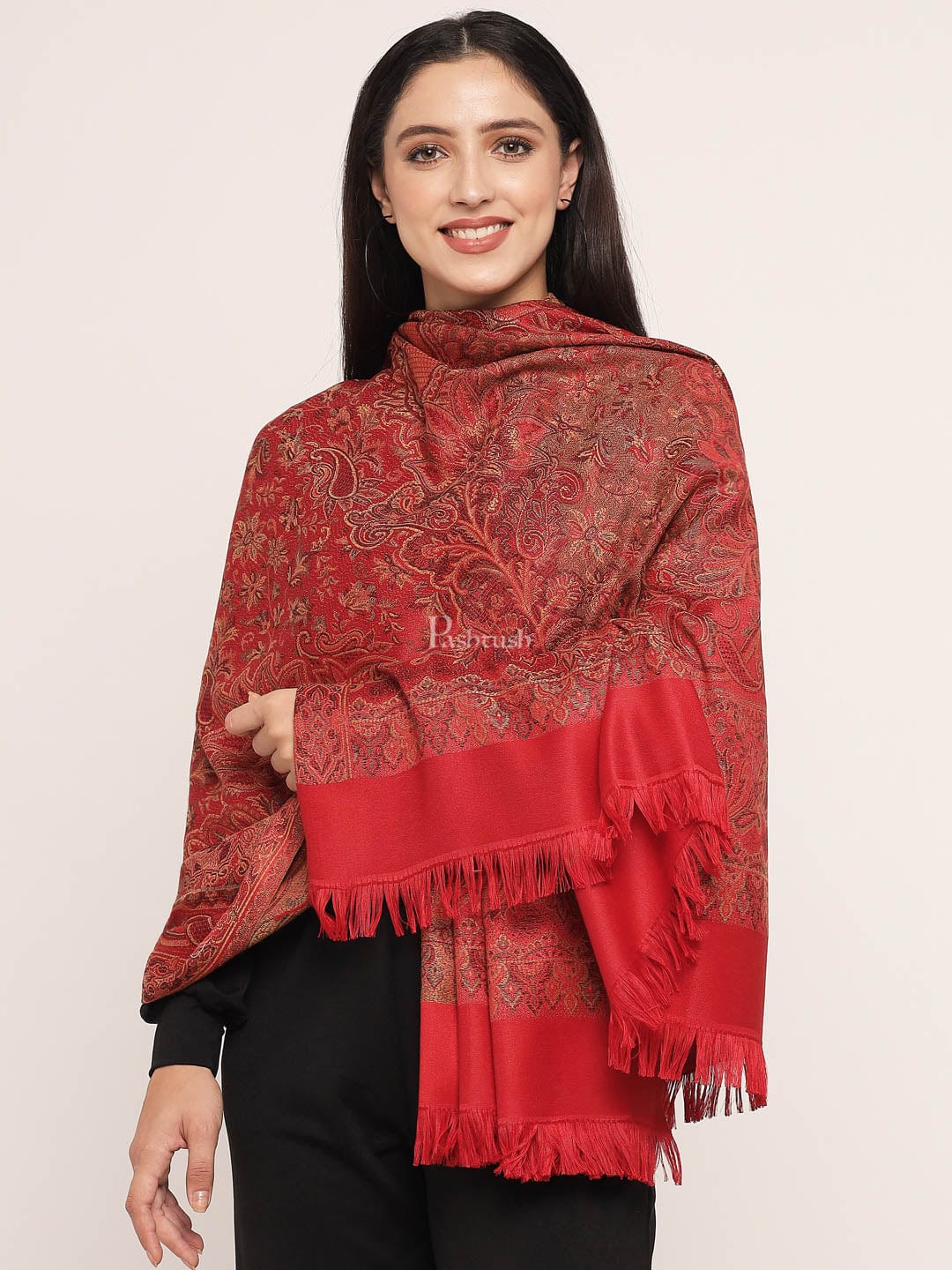 Pashtush Women's Jamawar Shawl, Red - Image 2