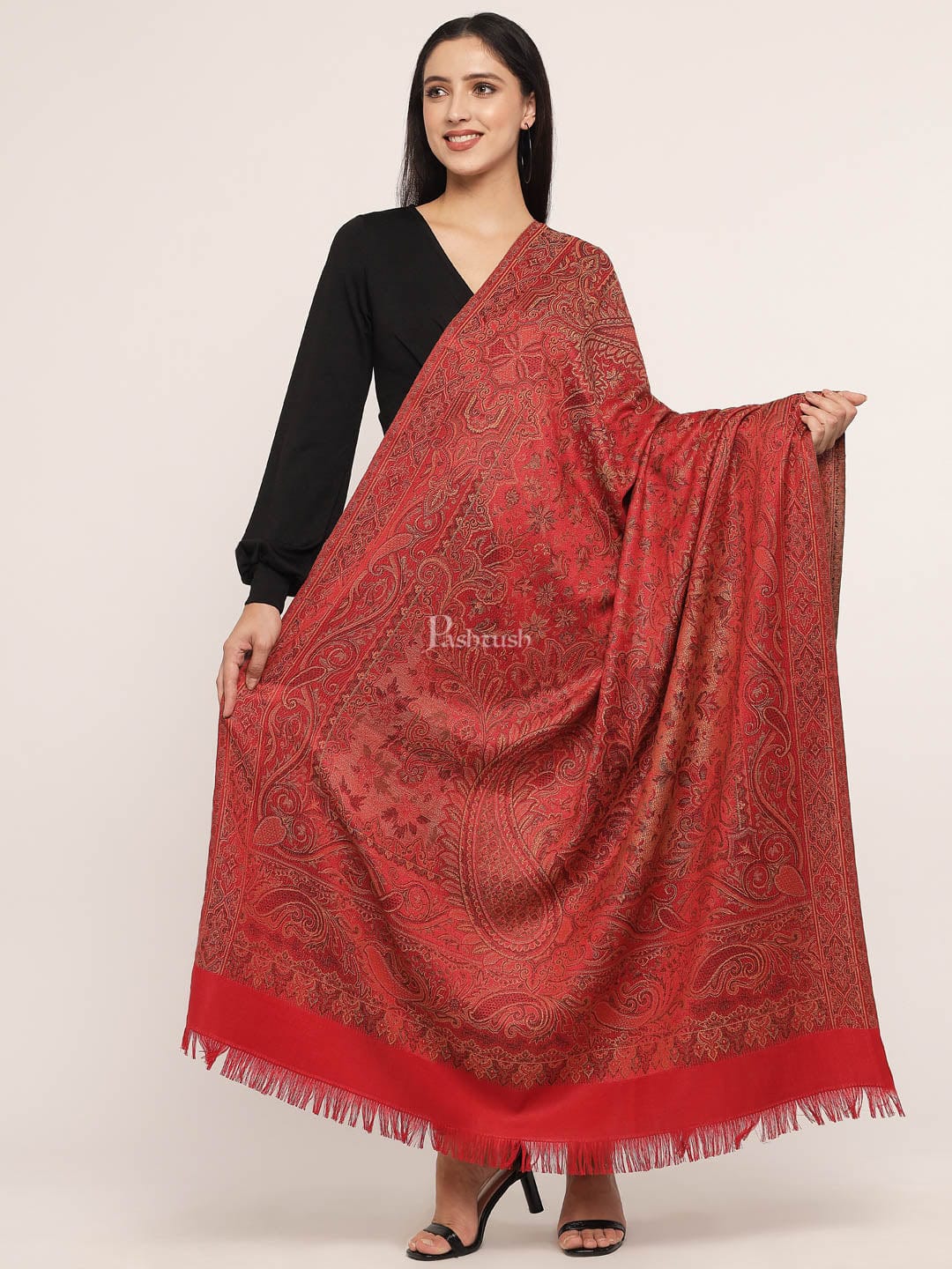 Pashtush Women's Jamawar Shawl, Red - Image 4