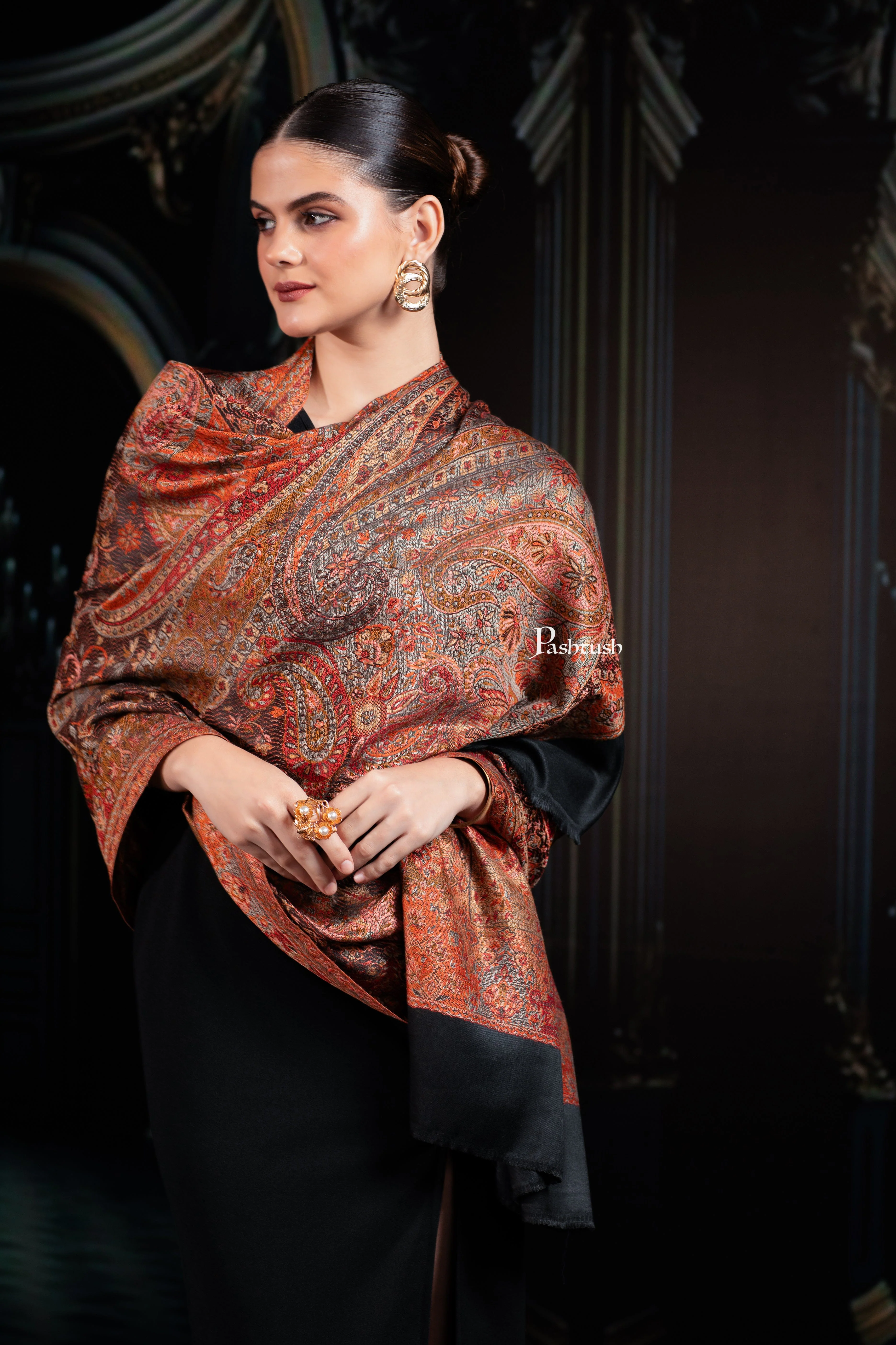 Pashtush Womens Jamawar Shawl, Ethnic Paisley Design, Black - Image 7