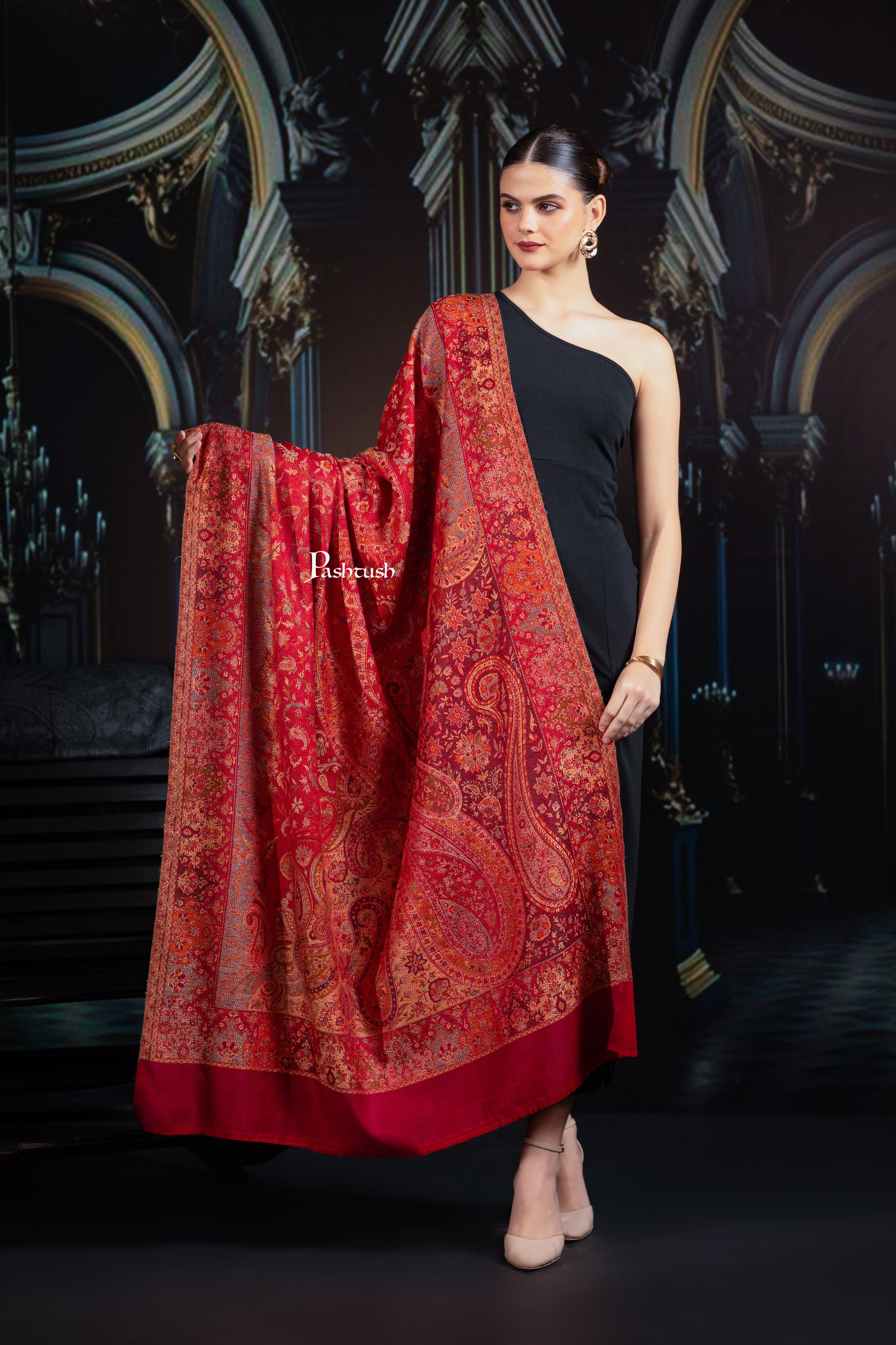 Pashtush Womens Jamawar Shawl, Ethnic Paisley Design, Maroon - Image 3