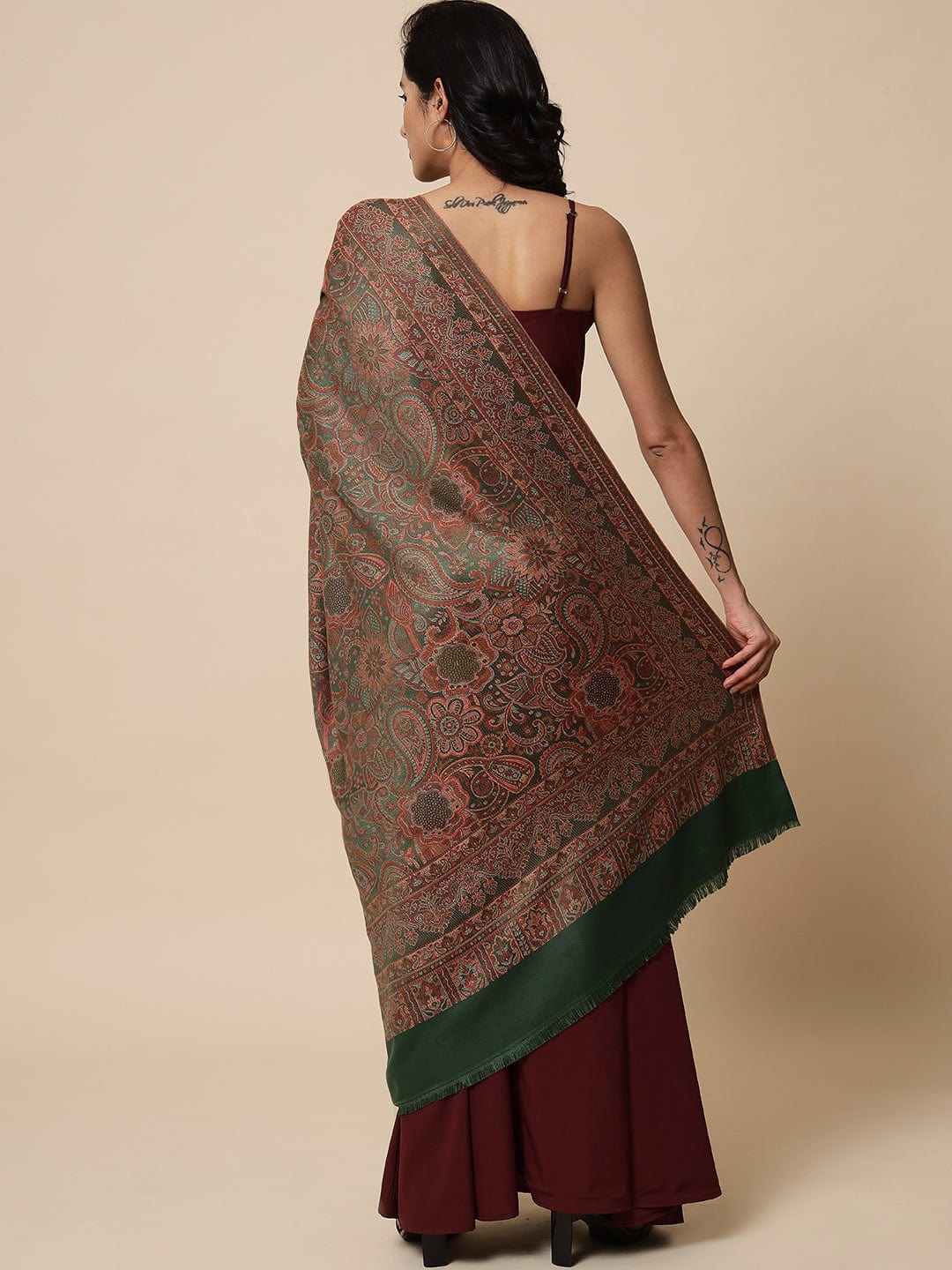 Pashtush Womens, Jamawar Shawl, Faux Pashmina, Soft and Warm, Deep Green - Image 6