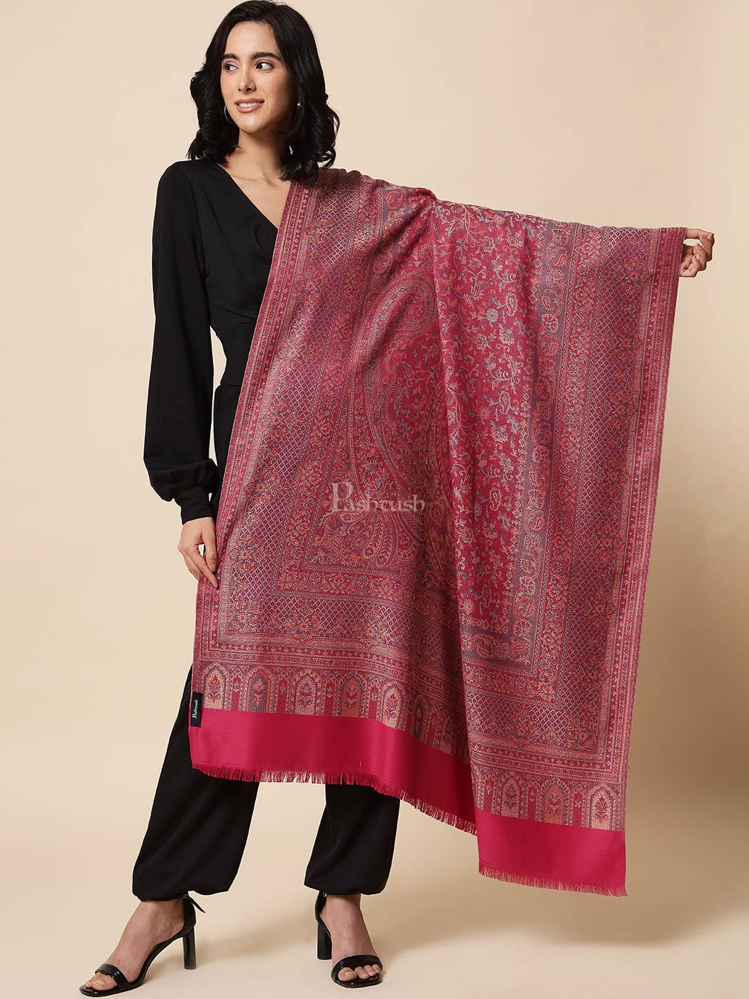 Pashtush Womens, Jamawar Shawl, Faux Pashmina, Soft and Warm, Pink - Image 2