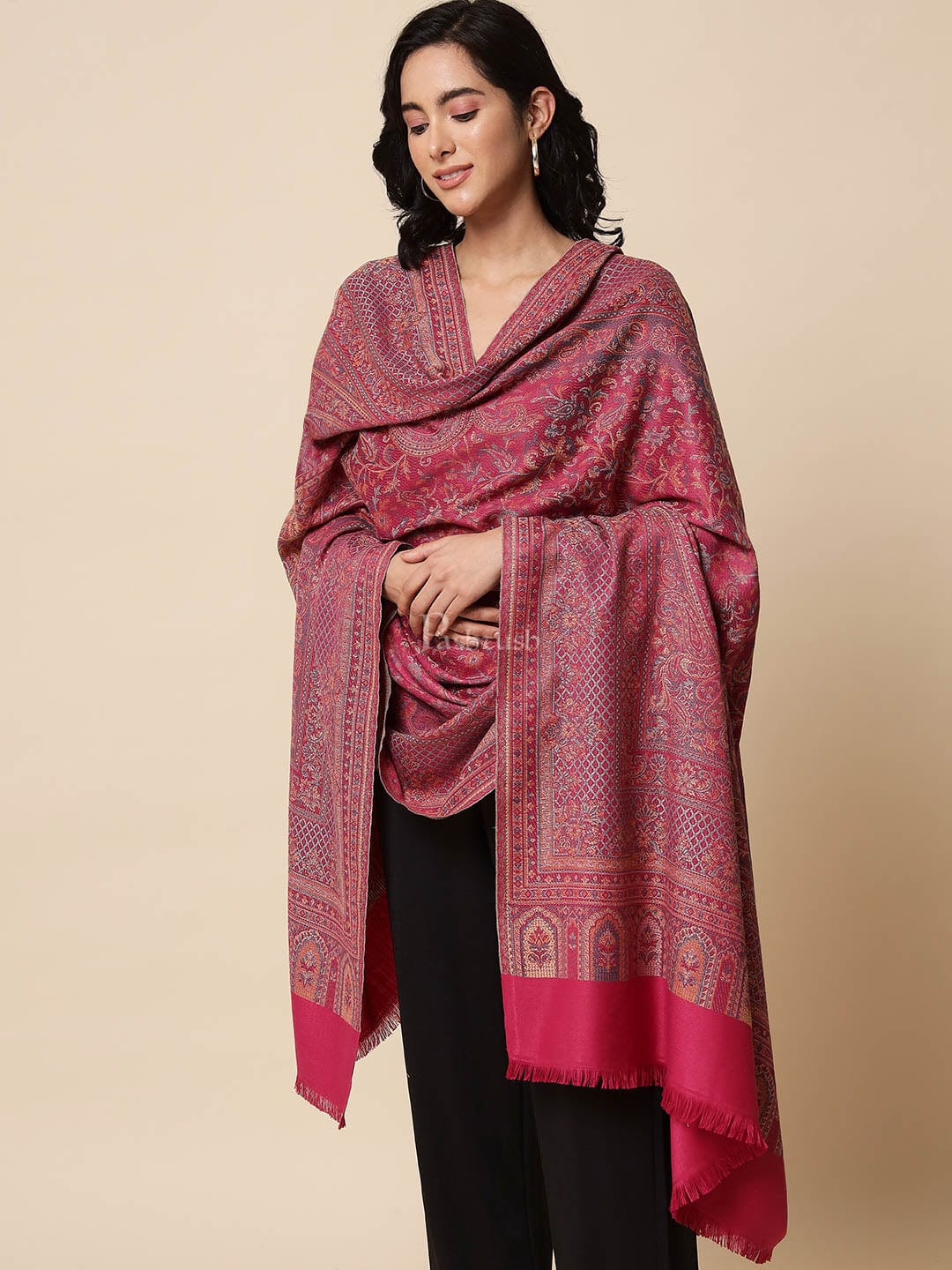 Pashtush Womens, Jamawar Shawl, Faux Pashmina, Soft and Warm, Pink - Image 5
