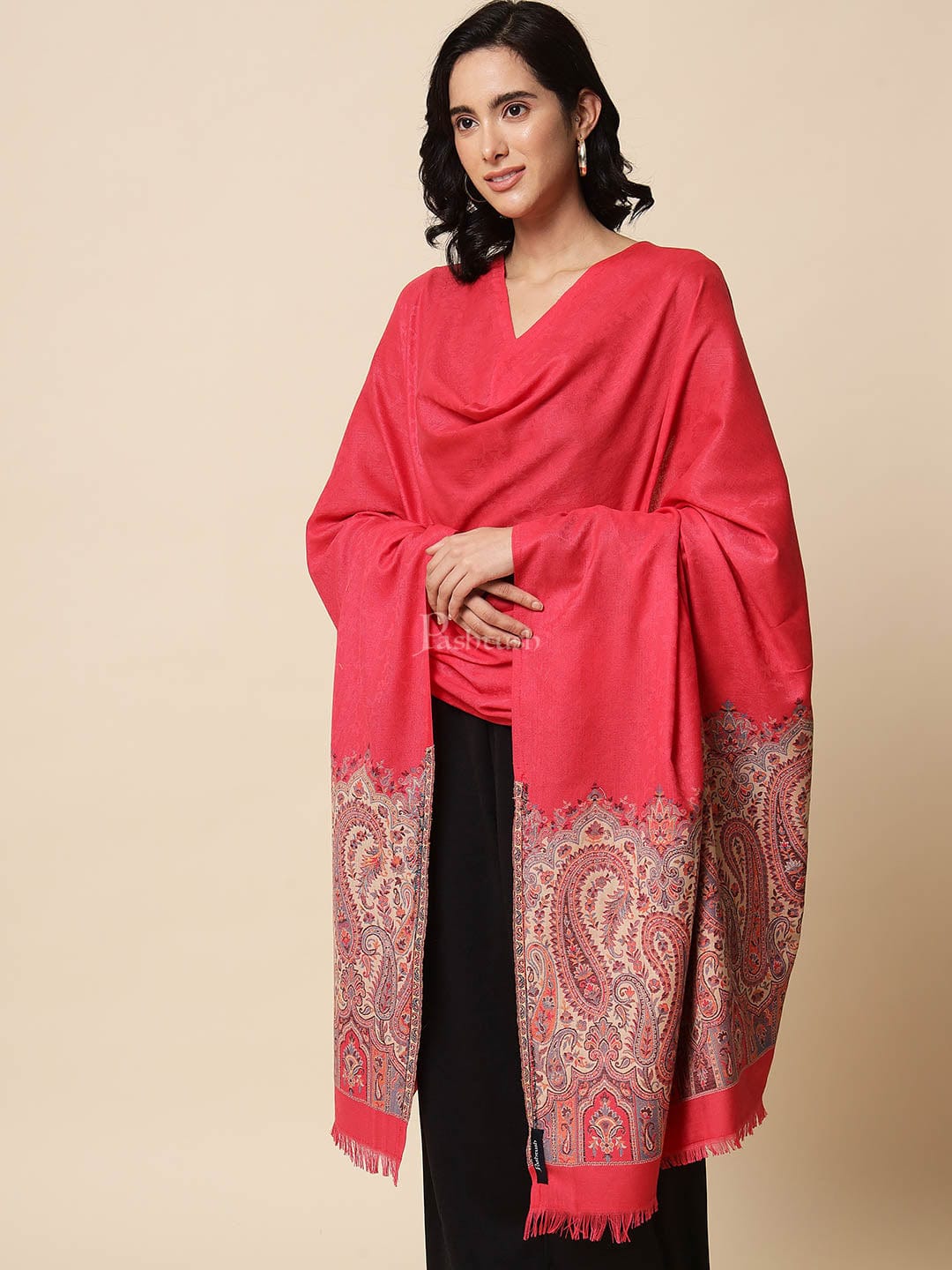 Pashtush Womens Shawl, Faux Pashmina, Woven Palla Design , Hot Pink - Image 5