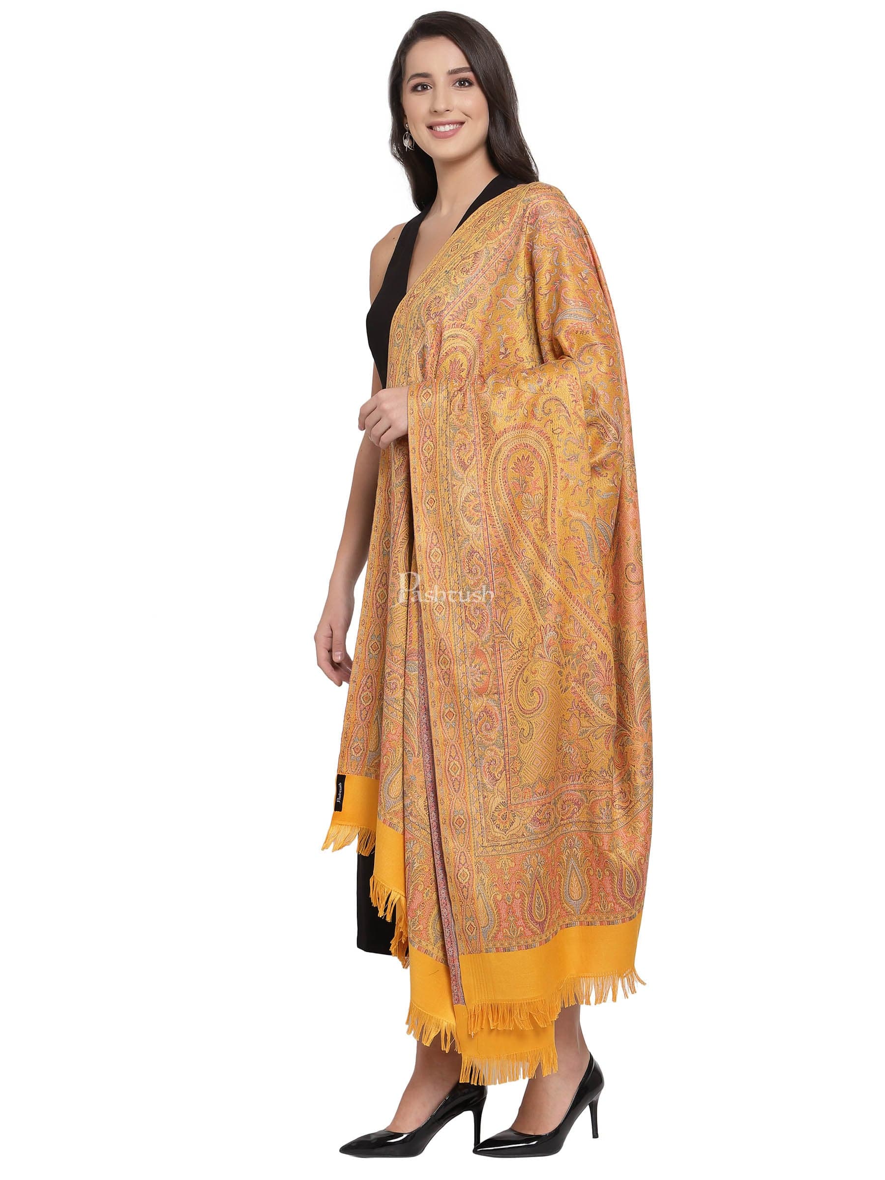 Pashtush Women's Jamawar Shawl, Mustard - Image 3