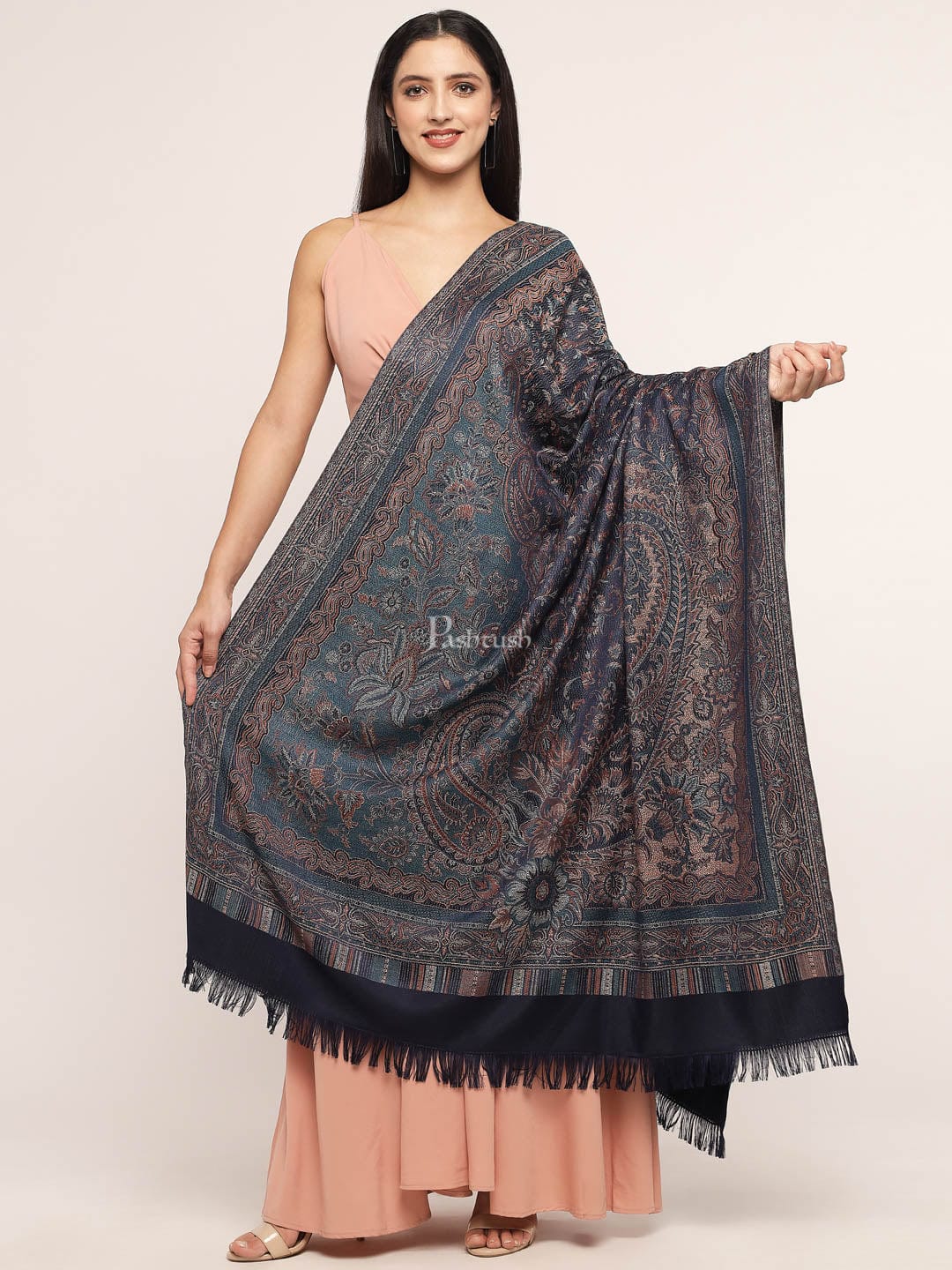 Pashtush Women'S Jamawar Shawl, Navy Blue