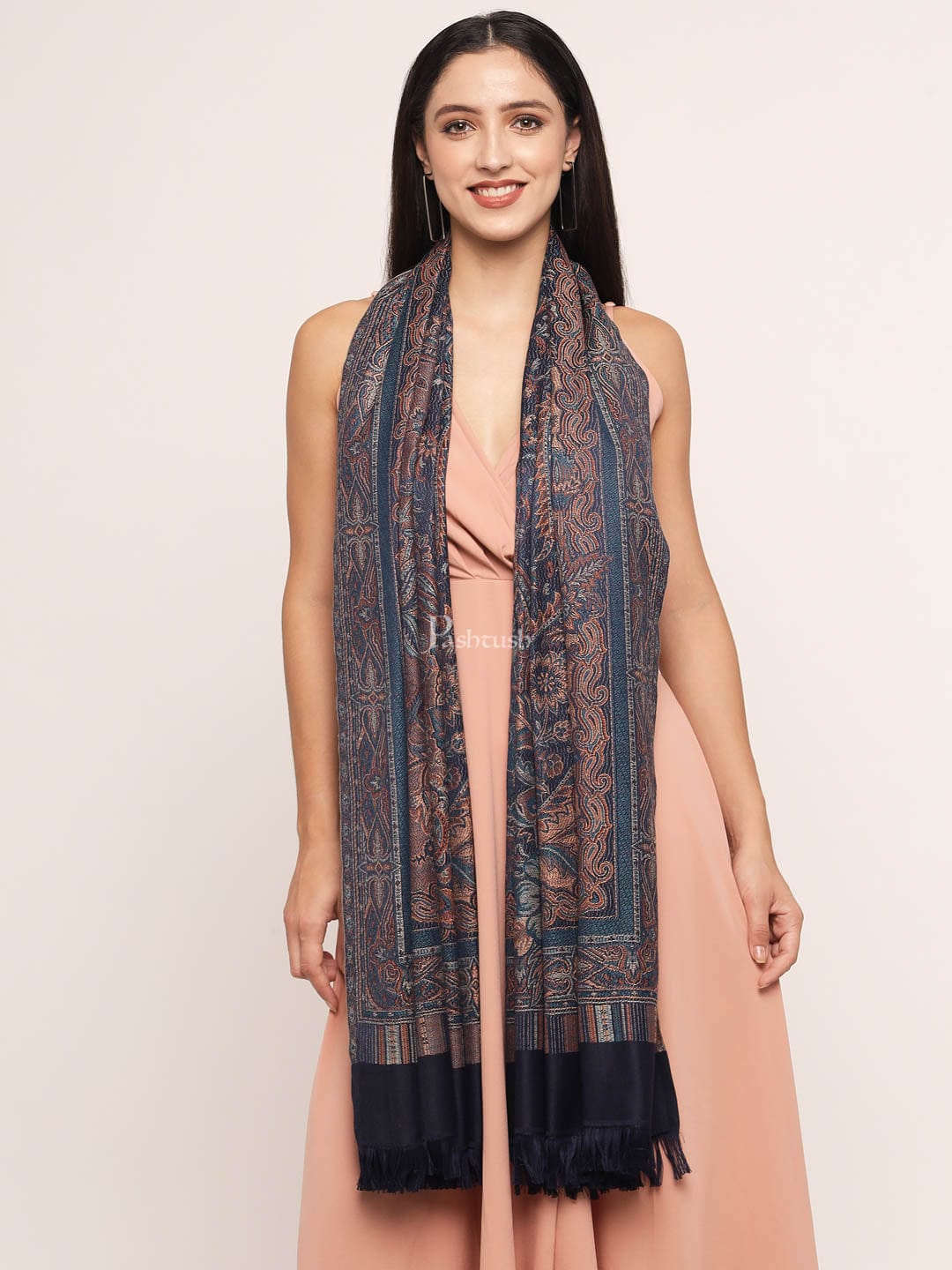Pashtush Women'S Jamawar Shawl, Navy Blue - Image 4