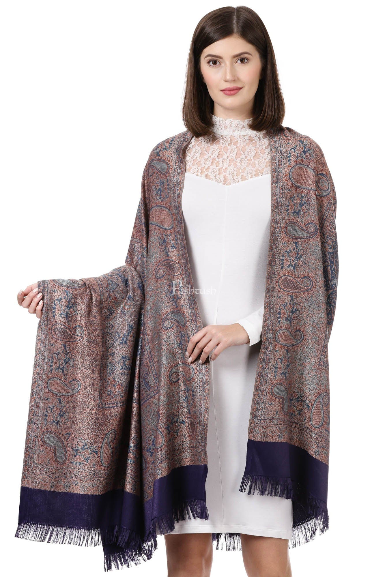 Pashtush Women's Jamawar Shawl, Navy Blue - Image 7