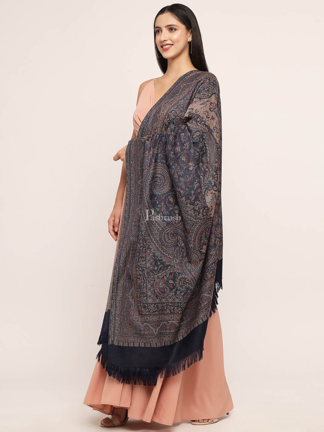 Pashtush Women'S Jamawar Shawl, Navy Blue - Image 6