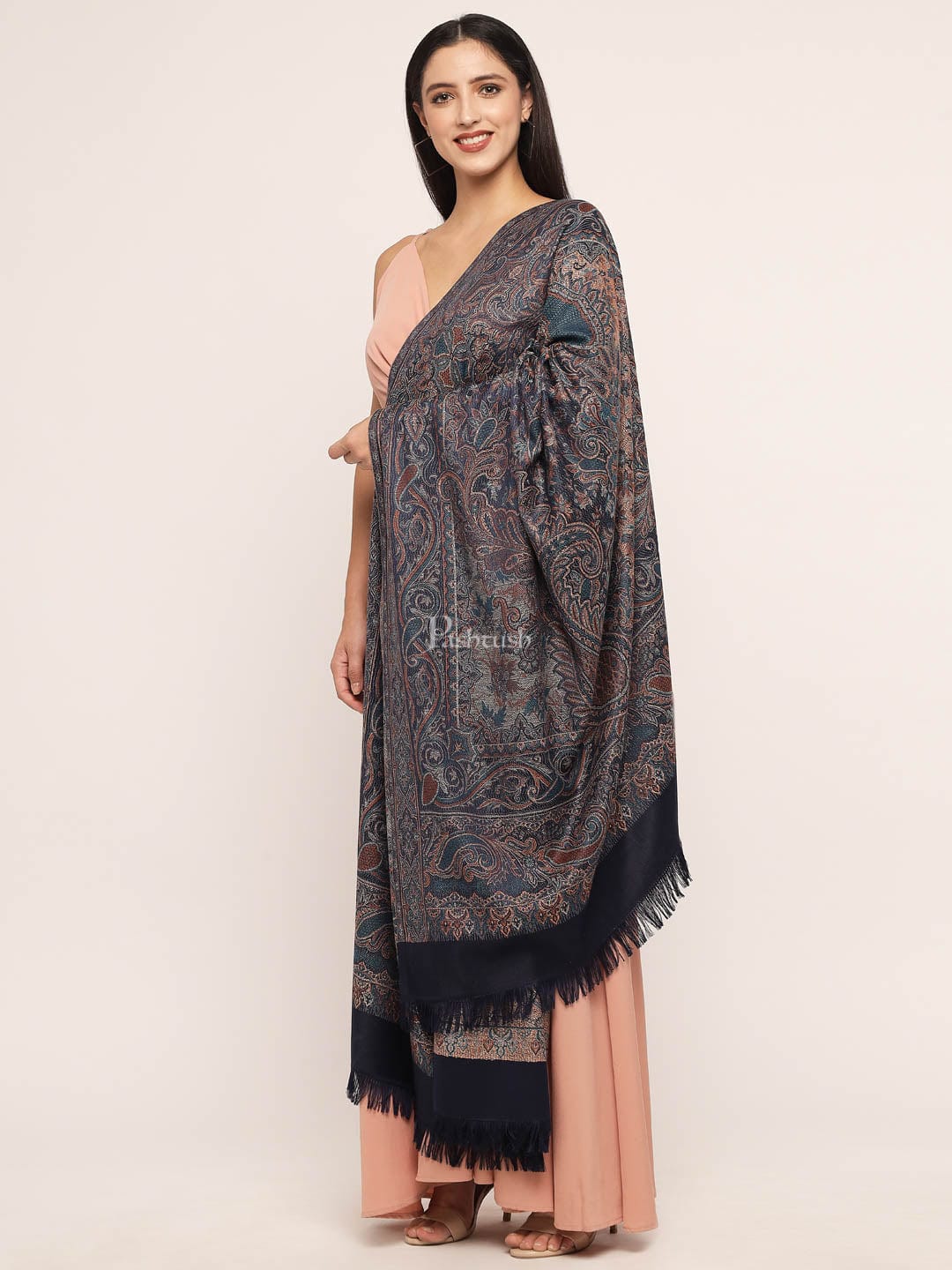 Pashtush Women'S Jamawar Shawl, Navy Blue - Image 6