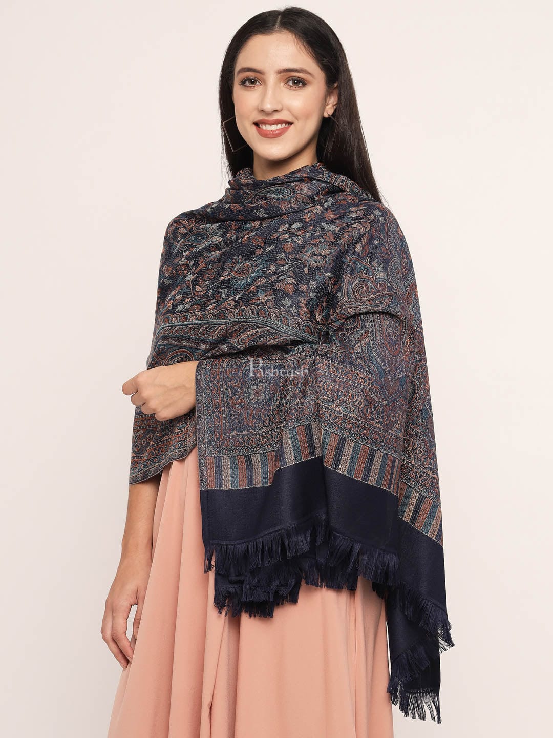 Pashtush Women'S Jamawar Shawl, Navy Blue