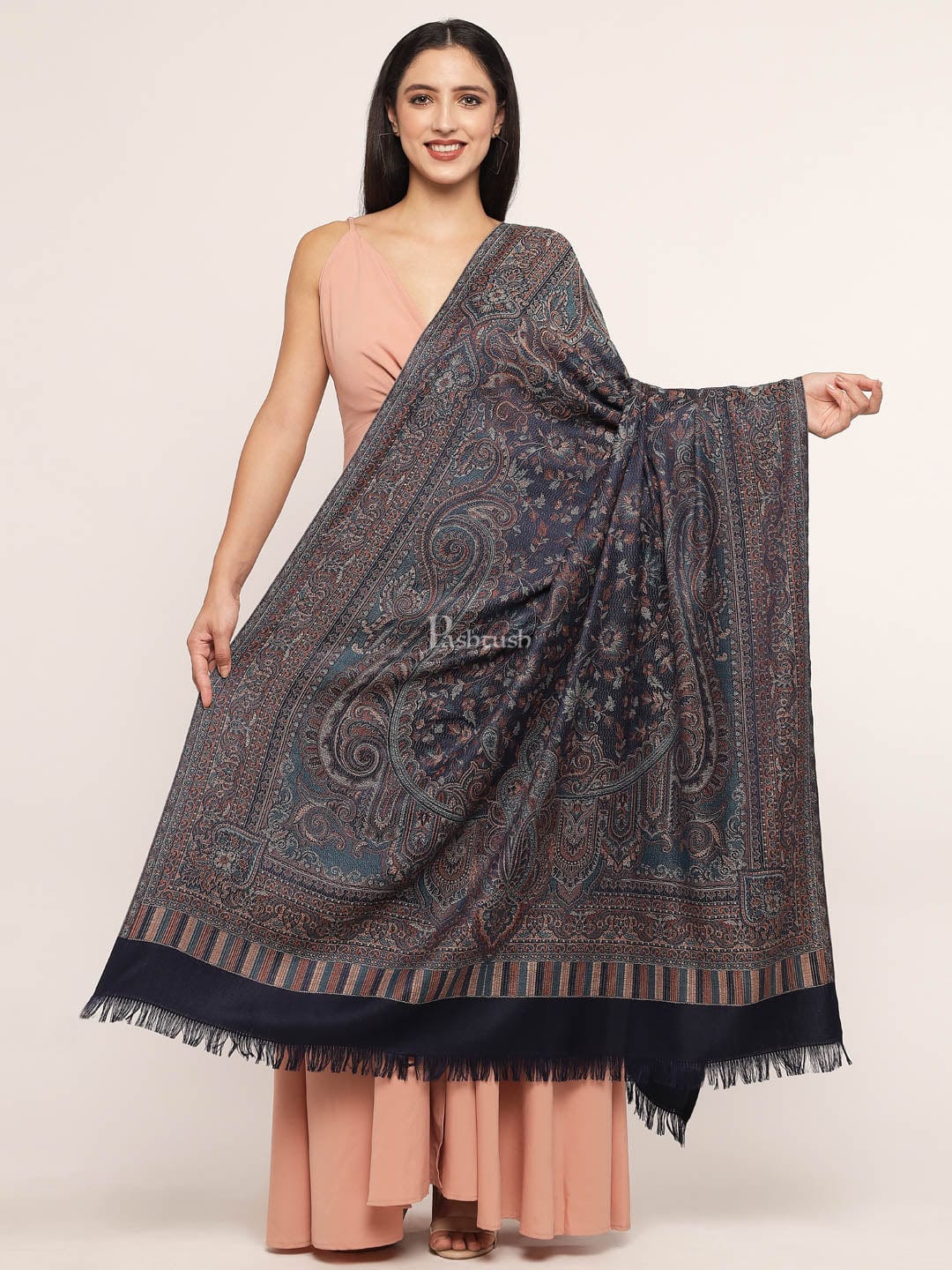 Pashtush Women'S Jamawar Shawl, Navy Blue - Image 2