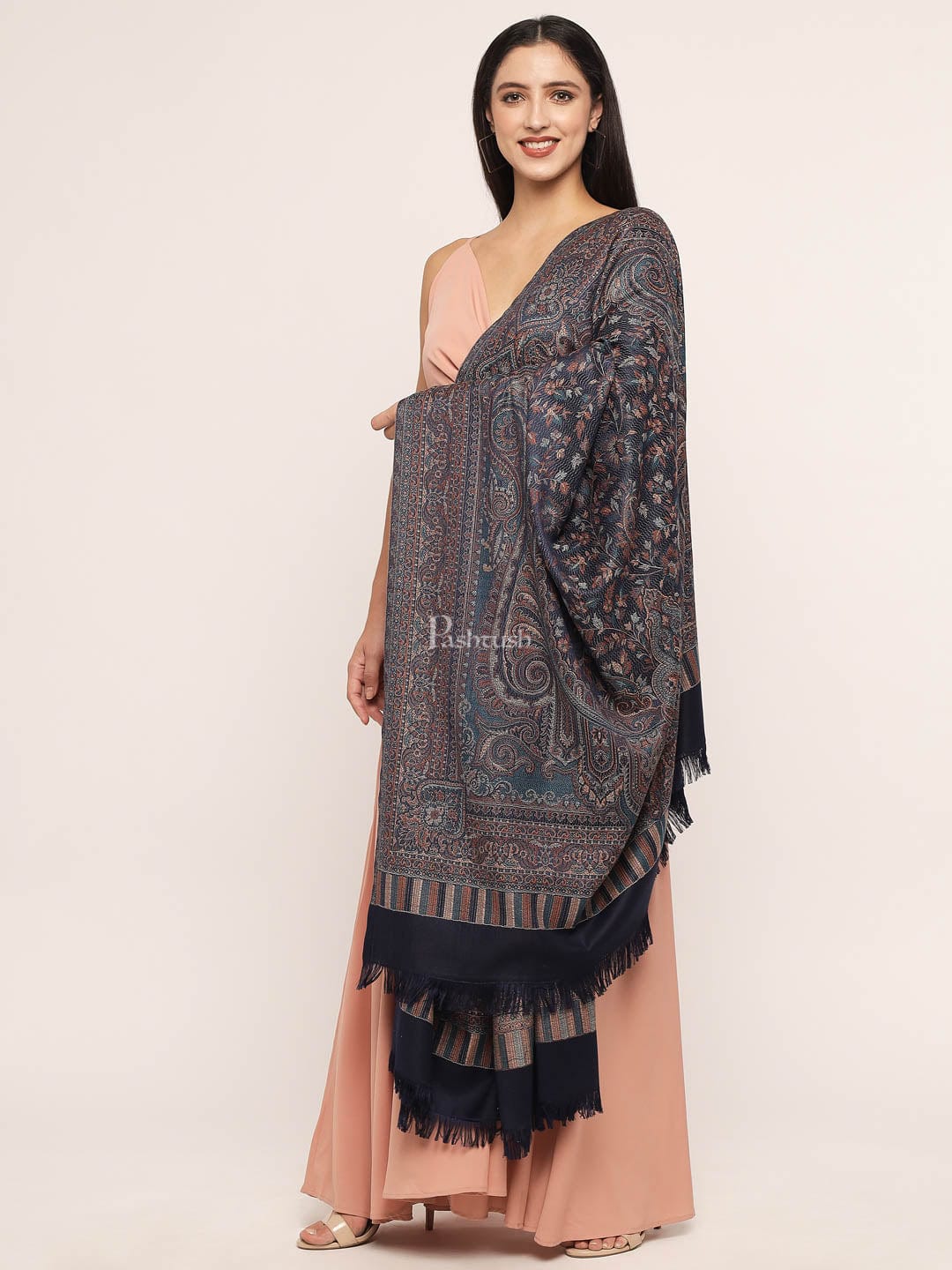 Pashtush Women'S Jamawar Shawl, Navy Blue - Image 5