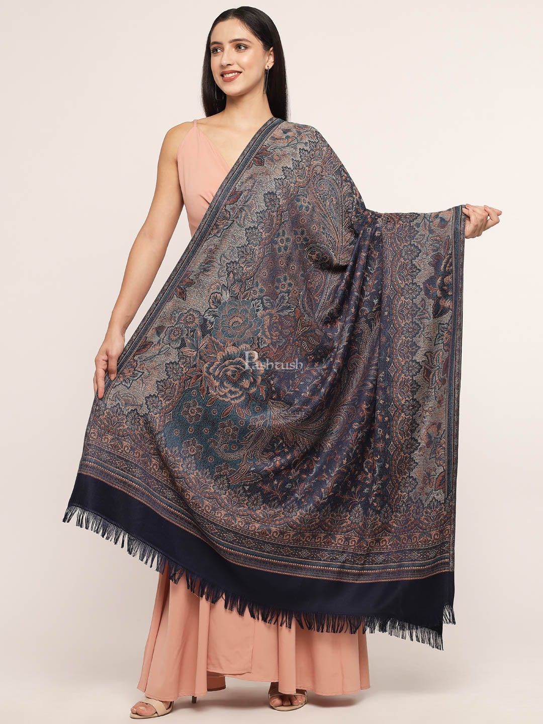 Pashtush Women'S Jamawar Shawl, Navy Blue - Image 2
