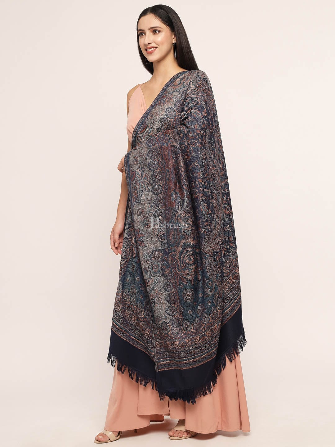 Pashtush Women'S Jamawar Shawl, Navy Blue - Image 5