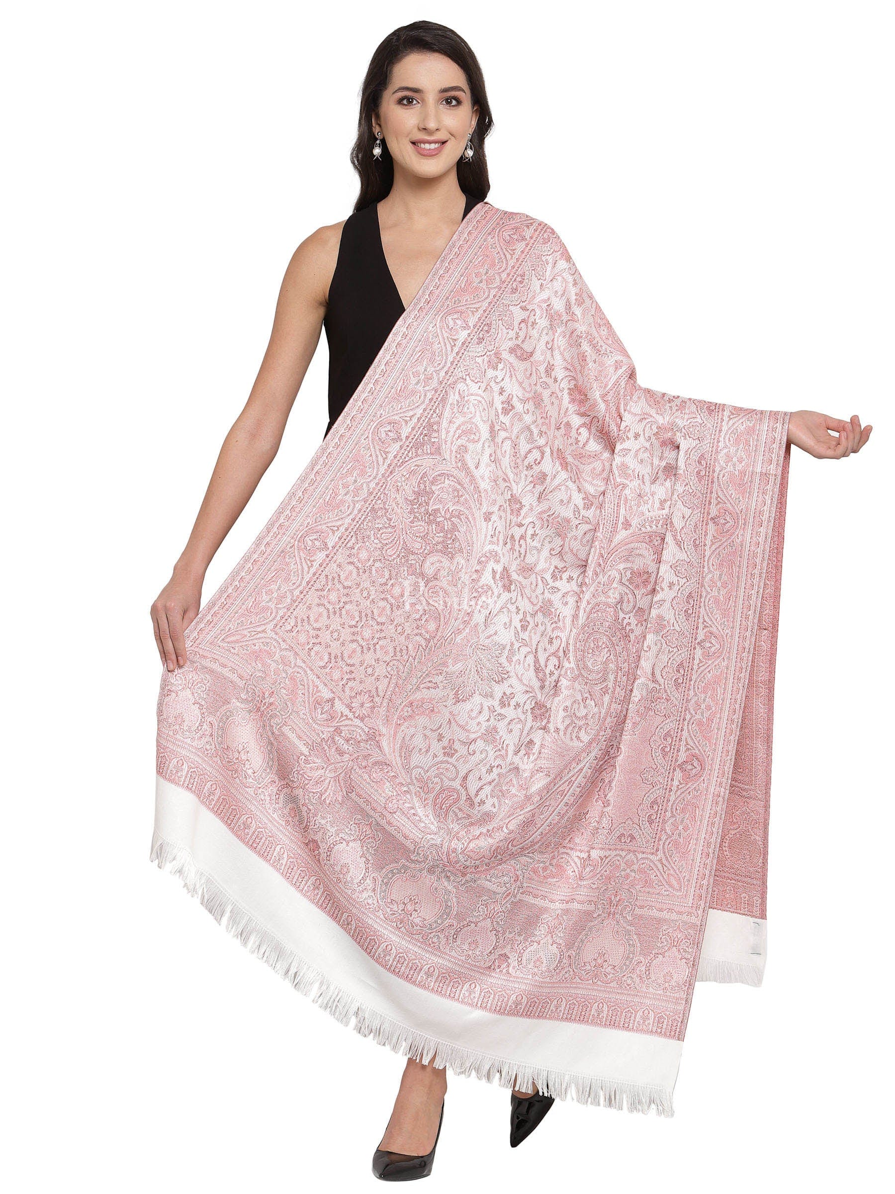 Pashtush Women'S Jamawar Shawl, Salmon - Ivory - Image 3