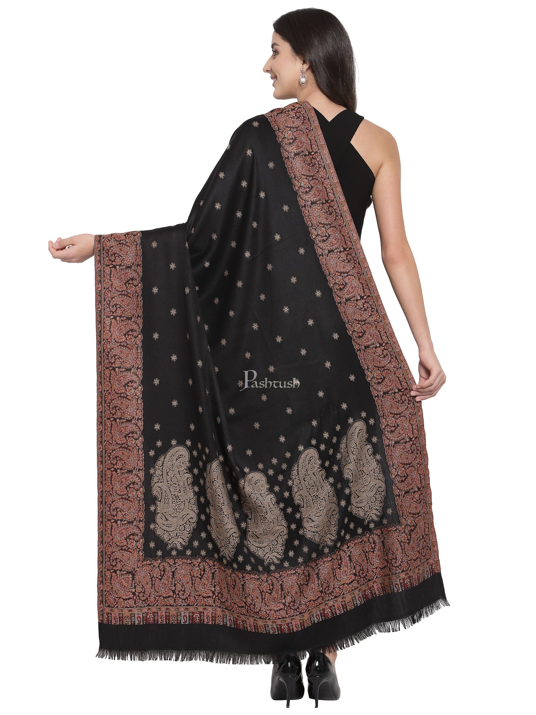 Pashtush Womens Jamawar Shawl, Soft Faux Pashmina Black - Image 3