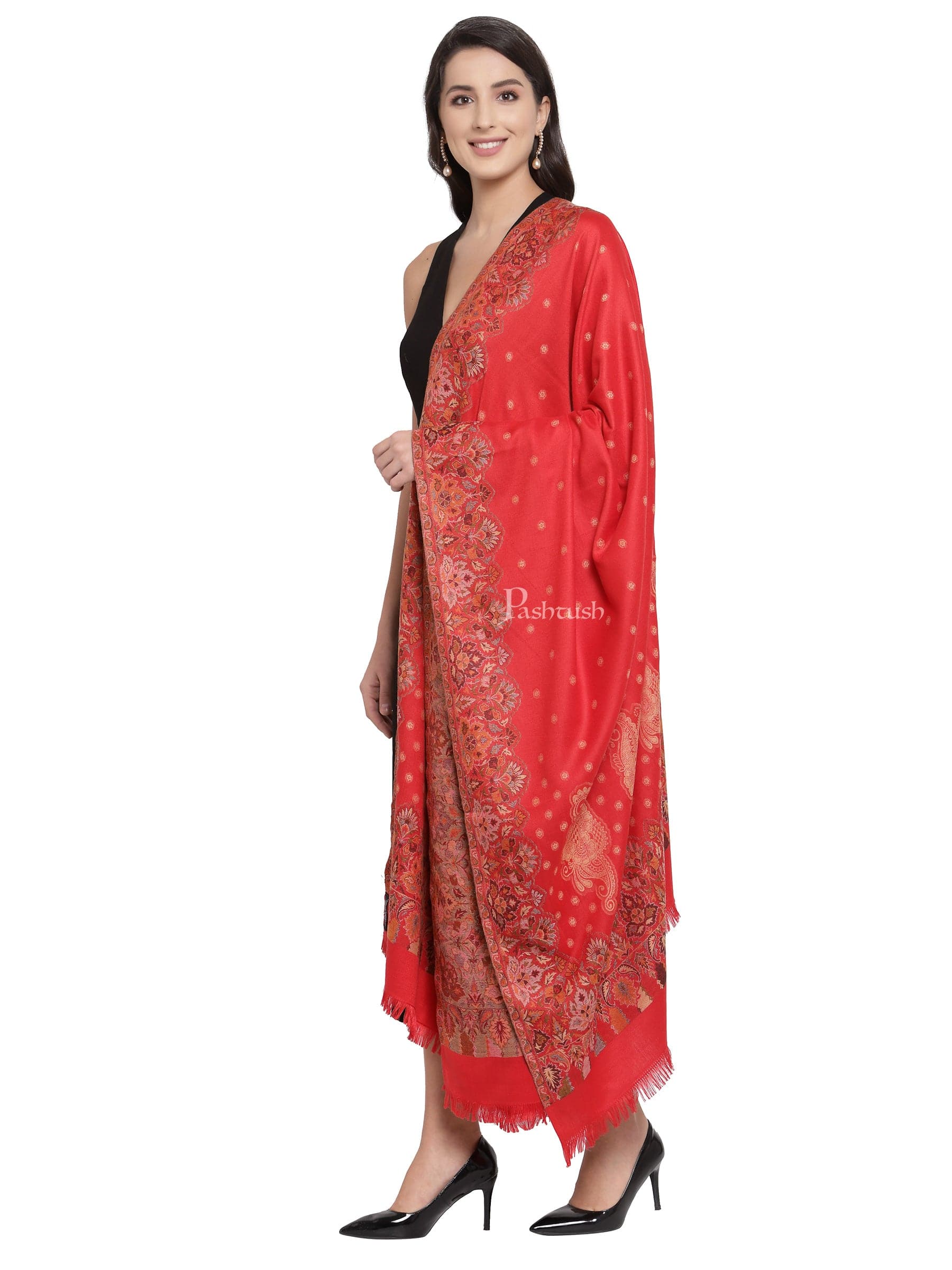 Pashtush Womens Jamawar Shawl, Soft Faux Pashmina Red - Image 3