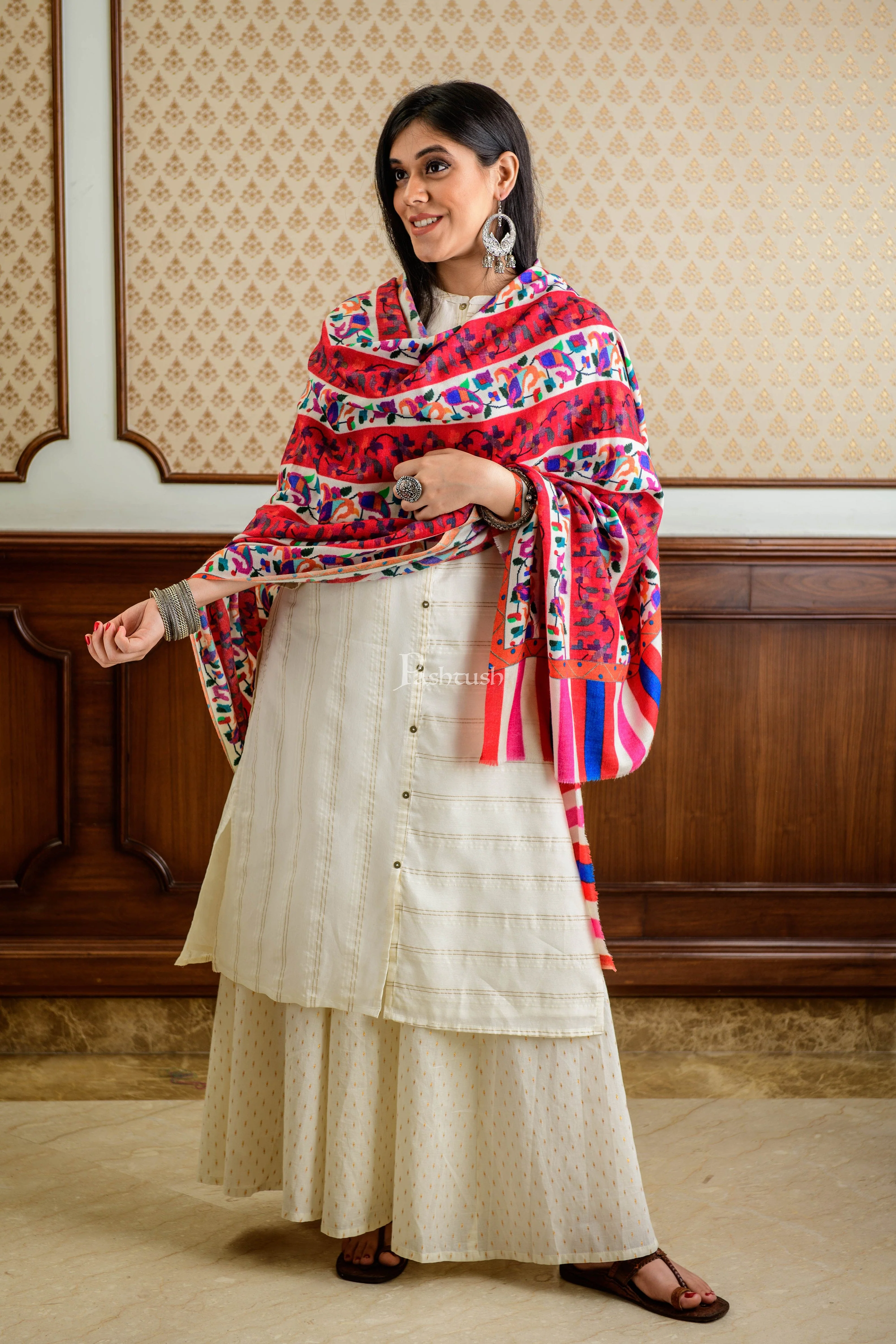 Pashtush Womens Ethnic Print Shawl, Multicoloured, 100% Pure Wool (Woolmark Certified) - Image 10