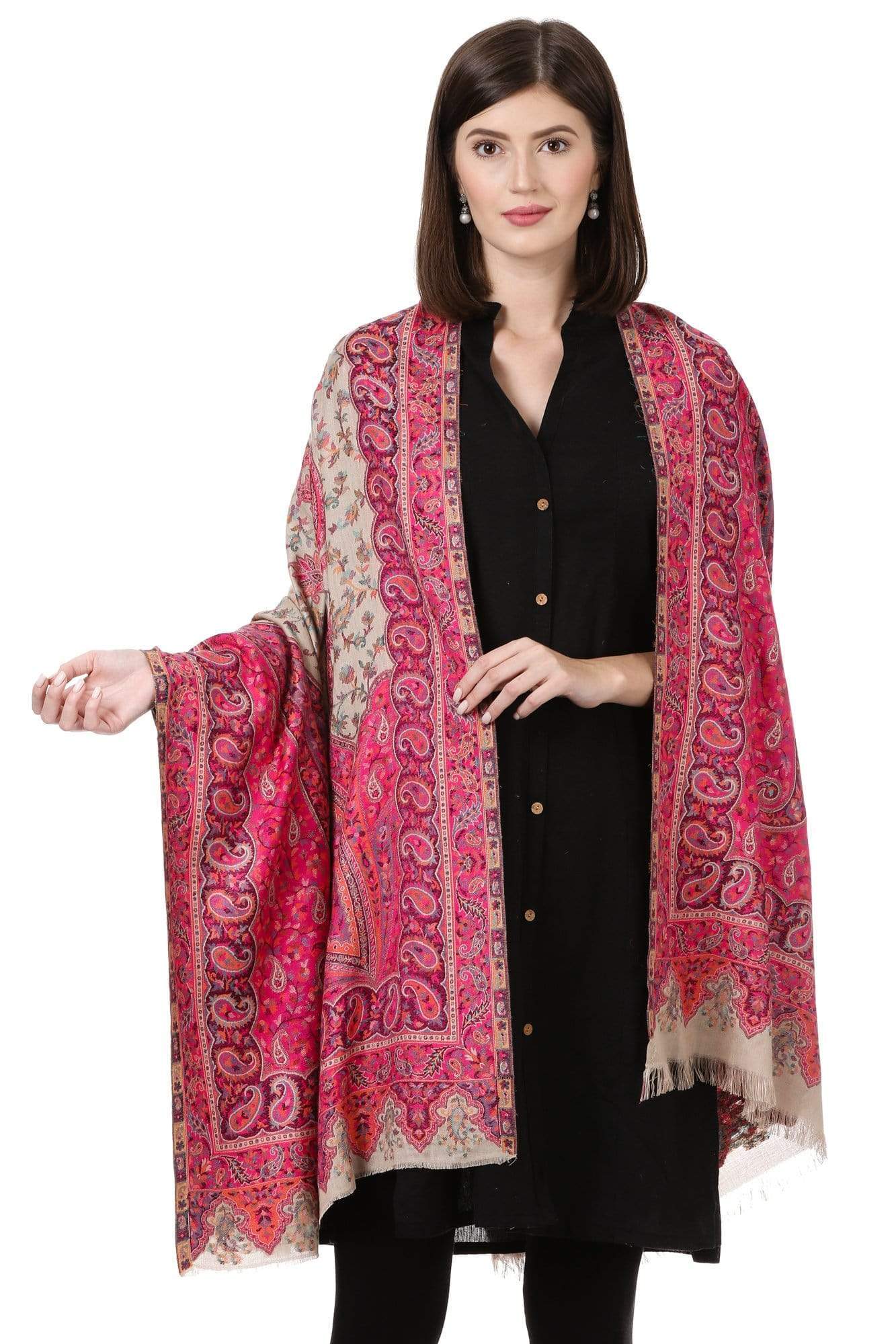 Pashtush Women Cream-Coloured Pink Woven Design Designer Shawl - Image 5
