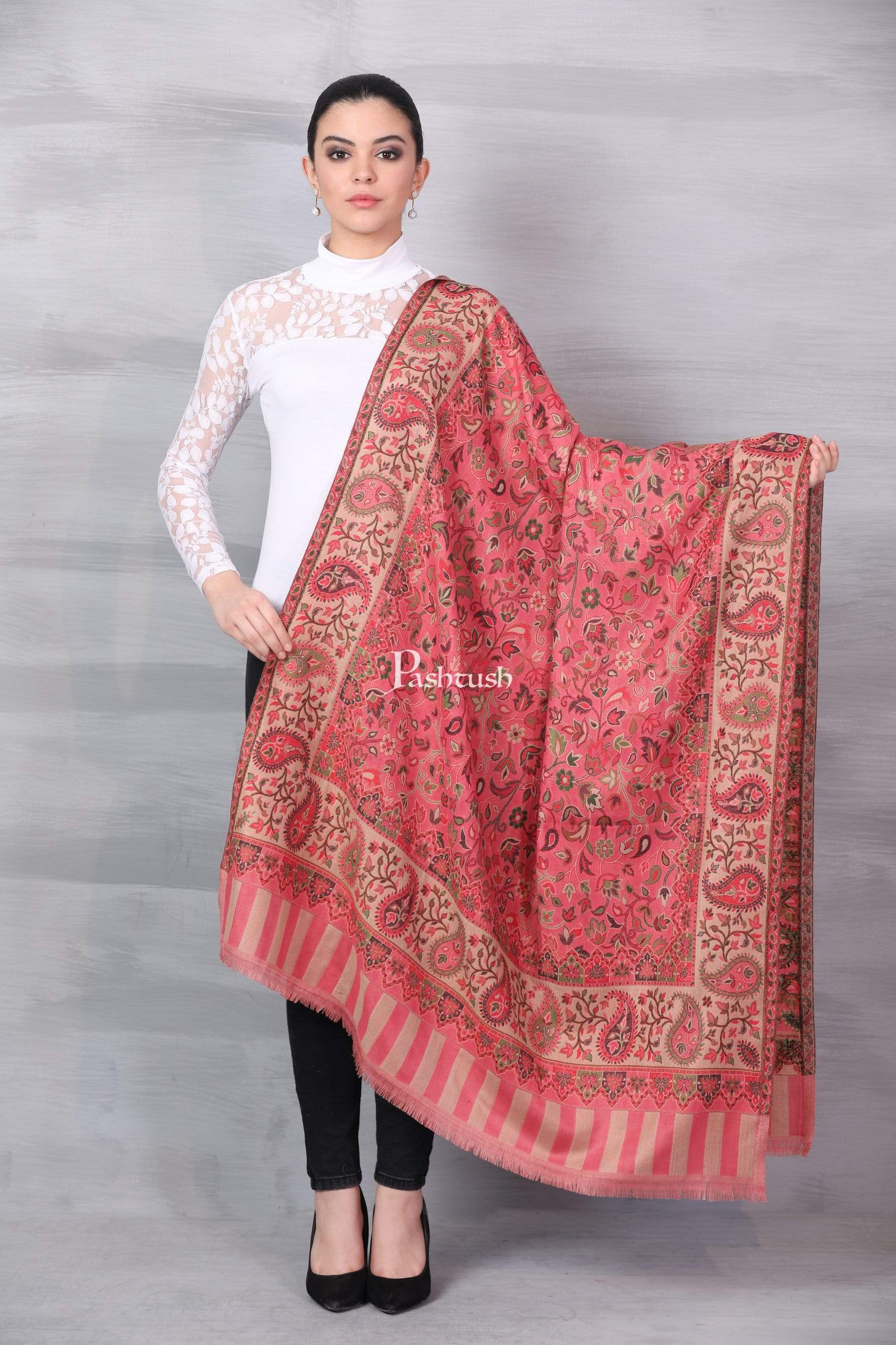 Pashtush Women Dusty Pink Beige Ethnic Motifs Woven Design Designer Shawl