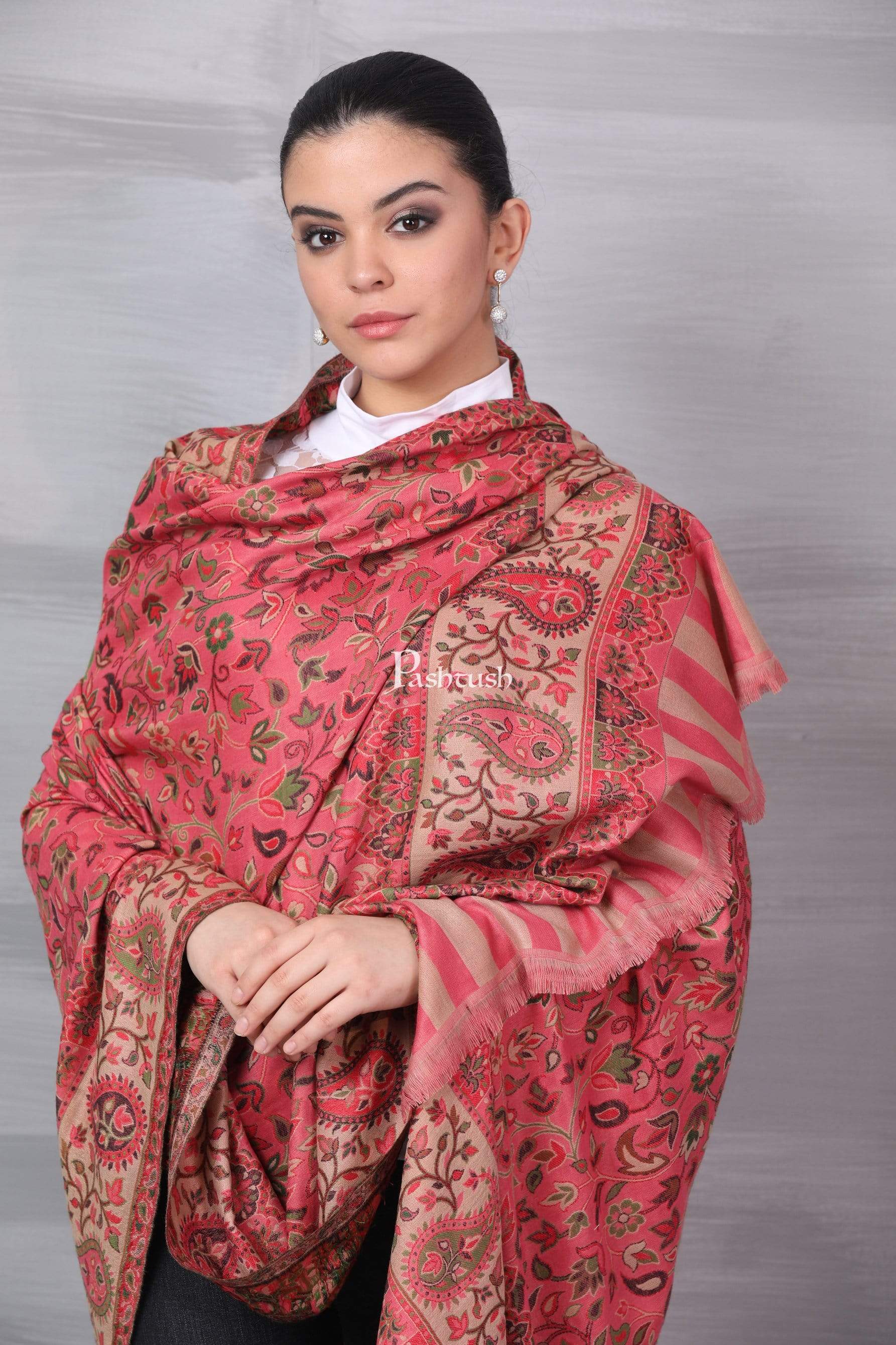 Pashtush Women Dusty Pink Beige Ethnic Motifs Woven Design Designer Shawl - Image 4