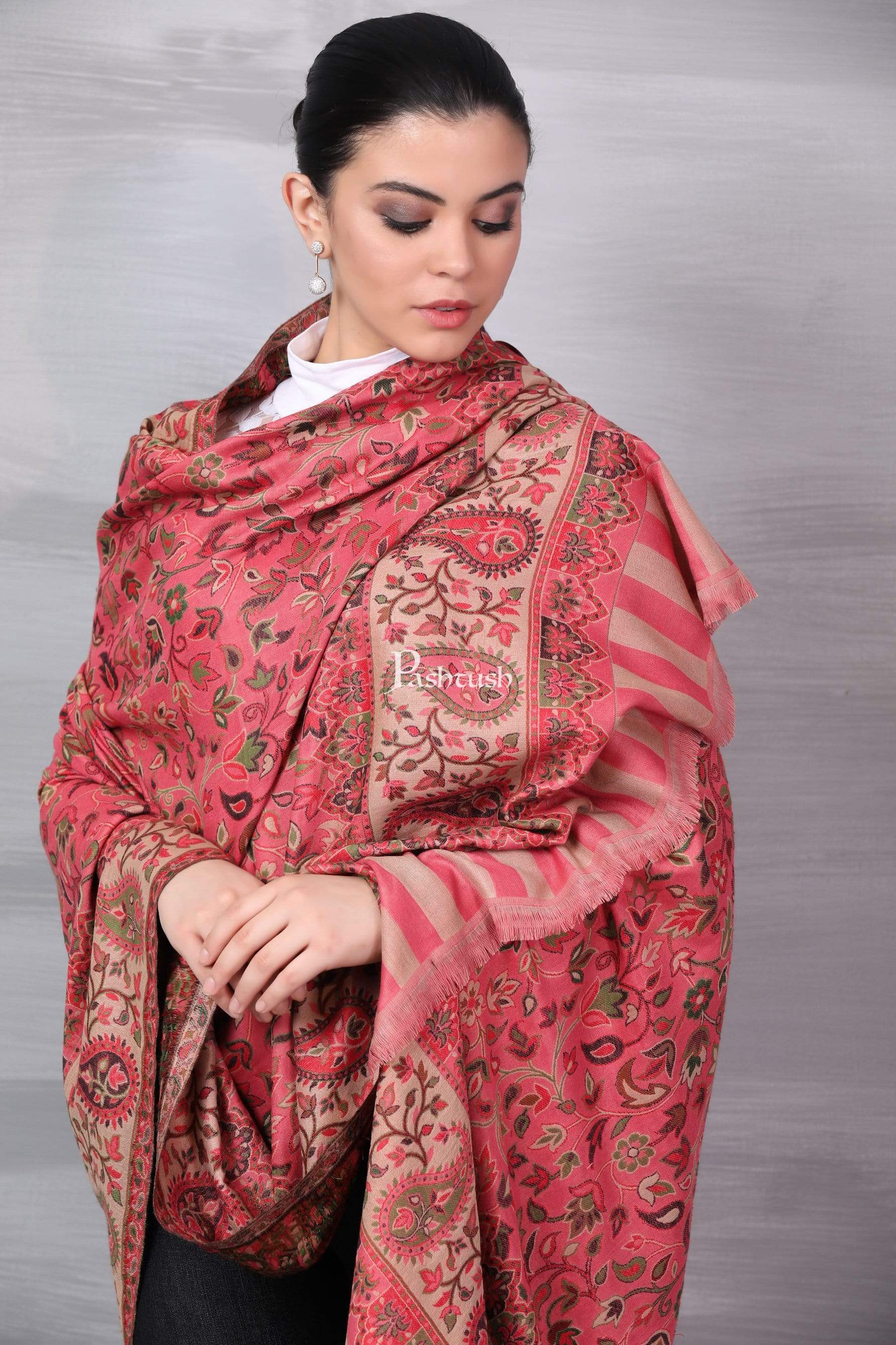 Pashtush Women Dusty Pink Beige Ethnic Motifs Woven Design Designer Shawl - Image 5