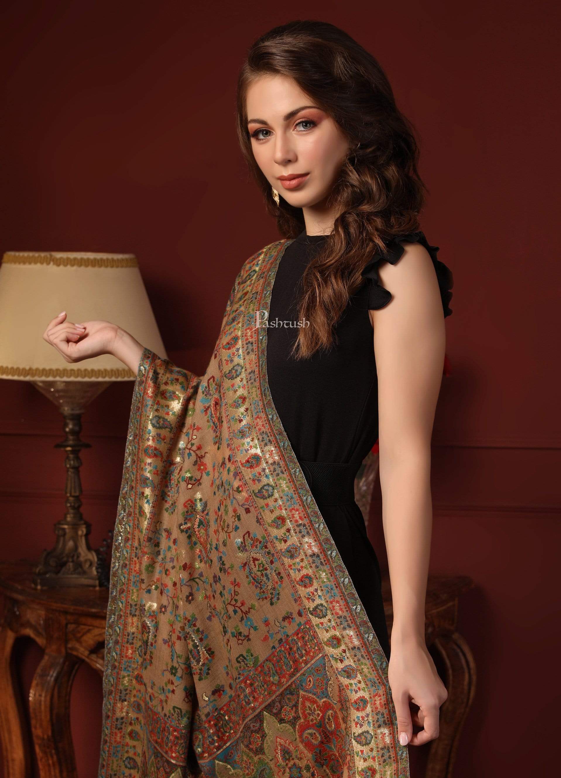 Pashtush Womens Ethnic Shawl, Pure Wool, Woolmark Certificate, Beige With Zari Weave (Twilight) - Image 5