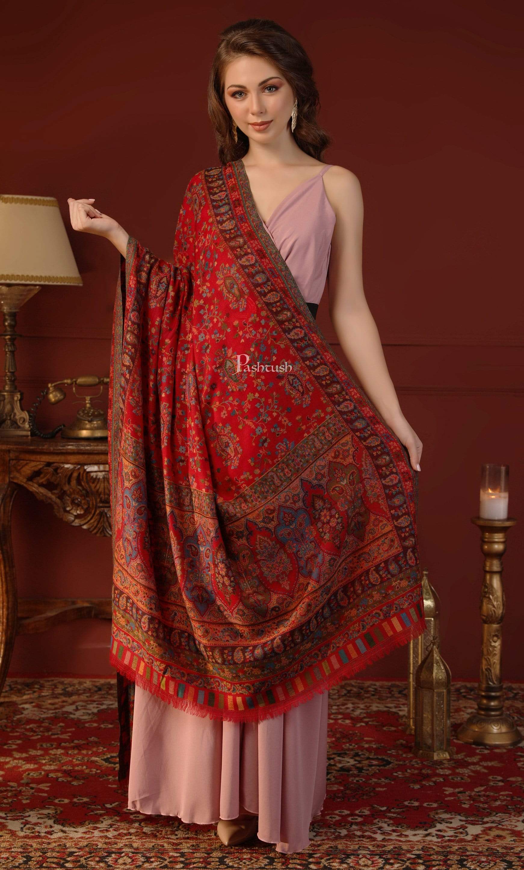 Pashtush Womens Ethnic Shawl, Pure Wool, Woolmark Certificate, Scarlet Red