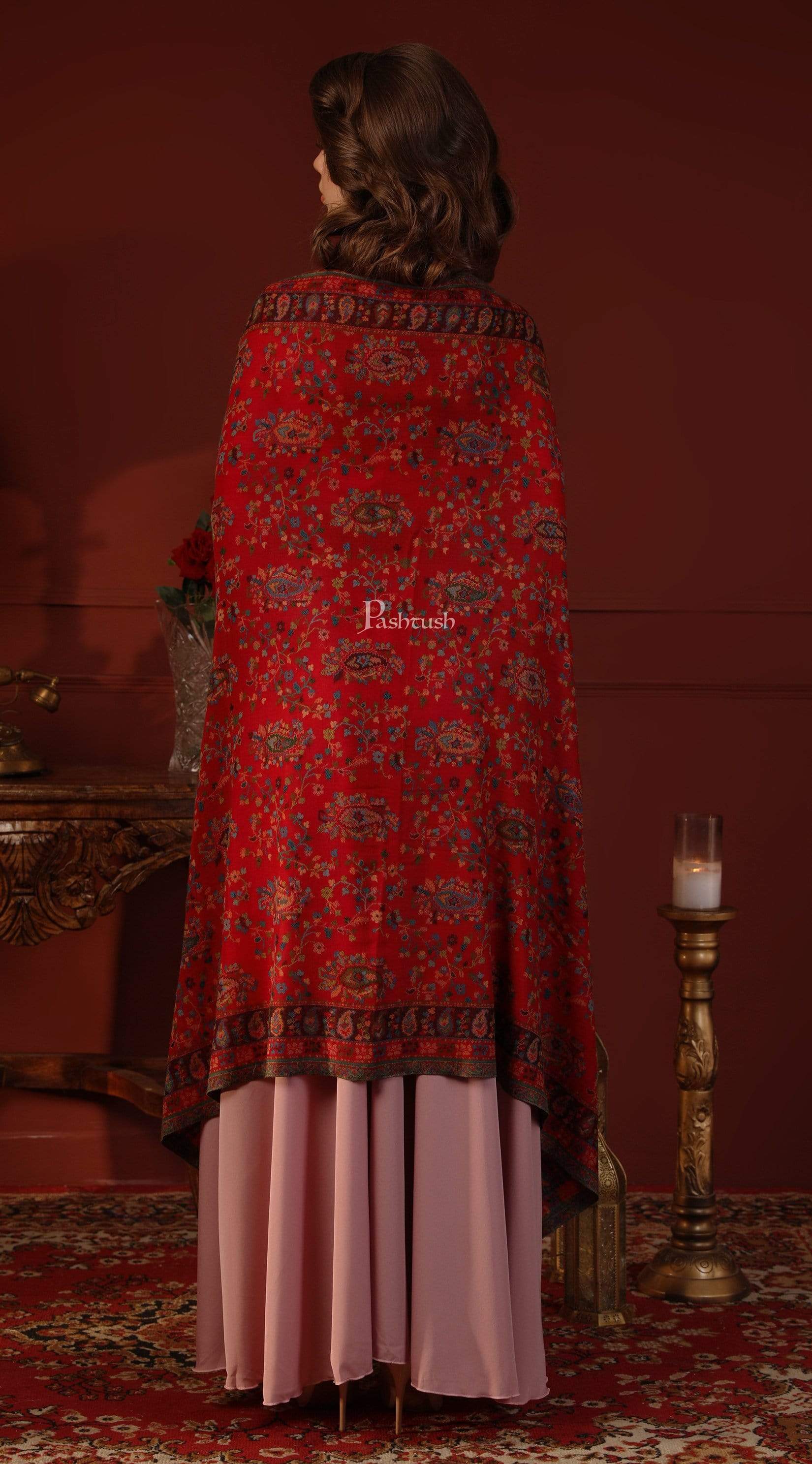 Pashtush Womens Ethnic Shawl, Pure Wool, Woolmark Certificate, Scarlet Red - Image 5