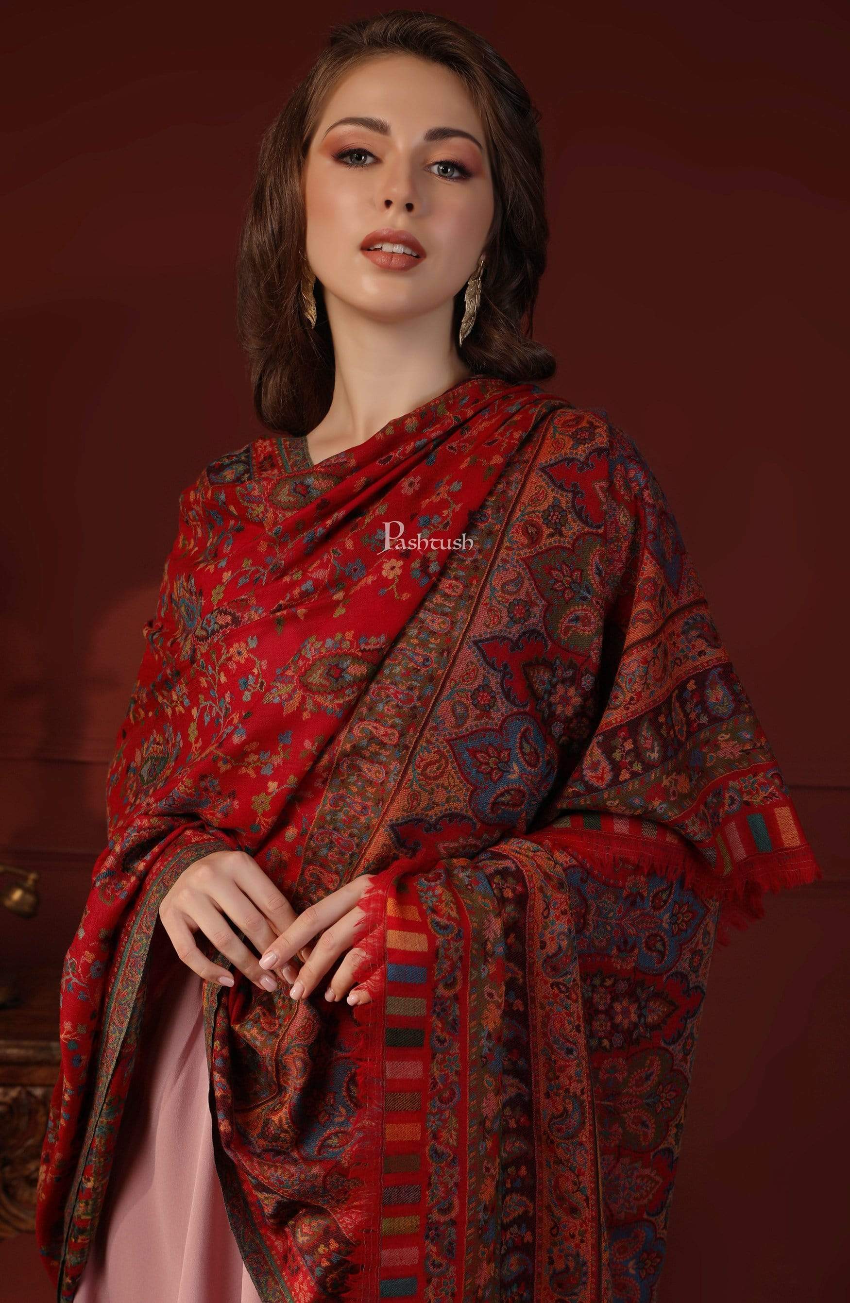 Pashtush Womens Ethnic Shawl, Pure Wool, Woolmark Certificate, Scarlet Red - Image 7