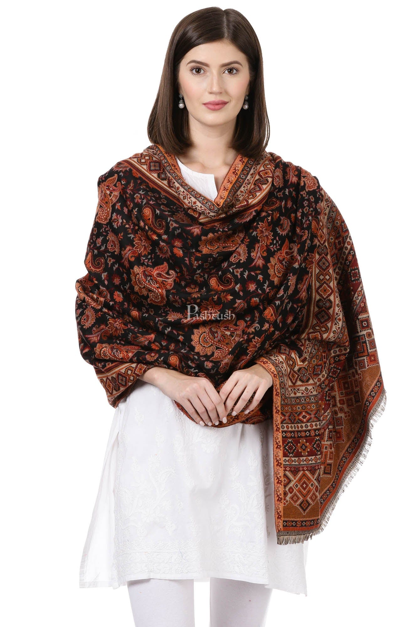 Pashtush Womens Ethnic Shawl, Woven Jacquard Design With Woven Paisleys, Soft And Warm Faux Pashmina - Image 5