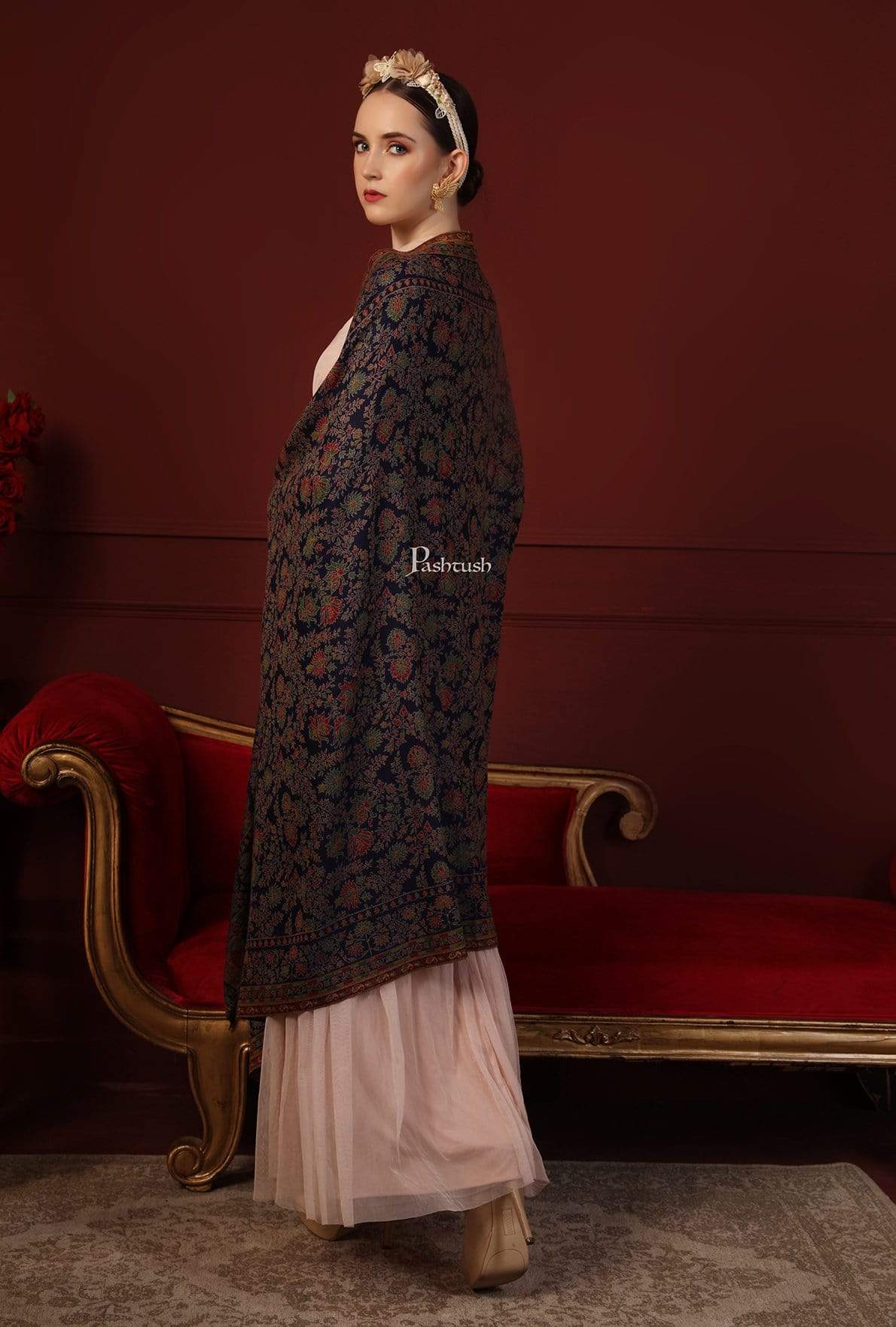 Pashtush Womens Faux Pashmina Ethnic Weave Shawl, Navy Blue - Image 5