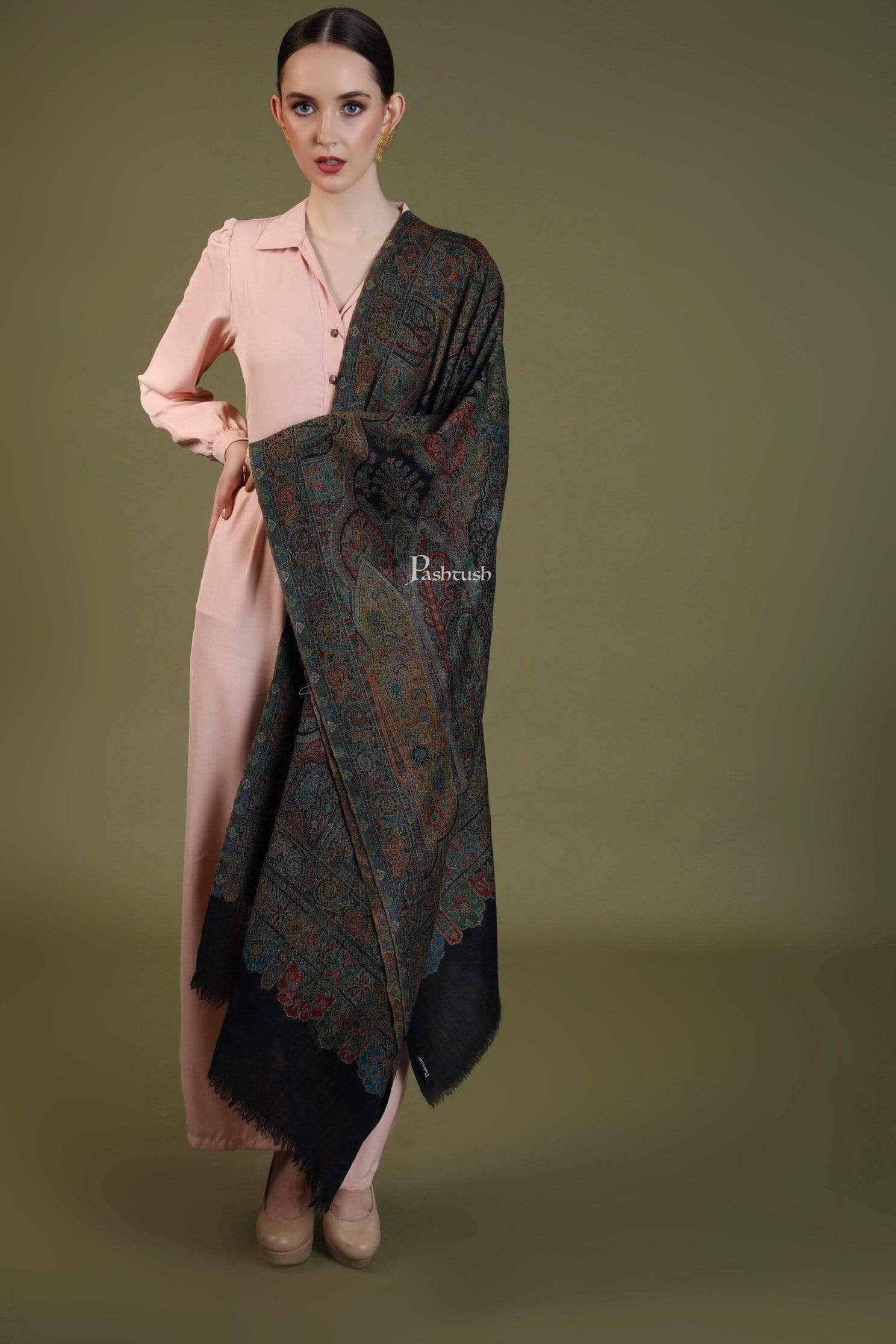 Pashtush Womens Ethnic Weave Stole, 100% Pure Wool With Woolmark Certificate - Image 4