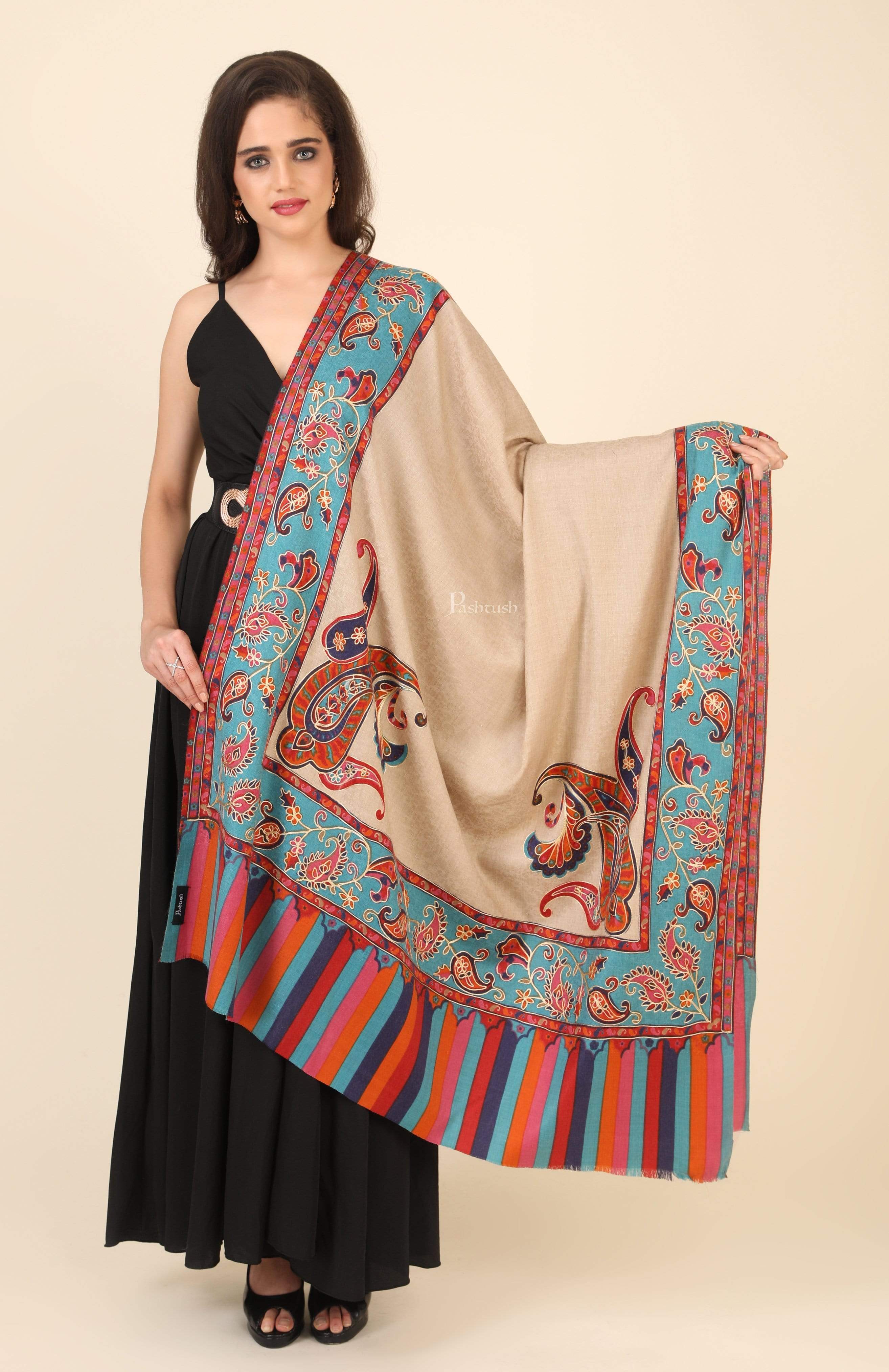 Pashtush Womens Kalamkari Embroidery Shawl, Fine Wool Shawls, Medium