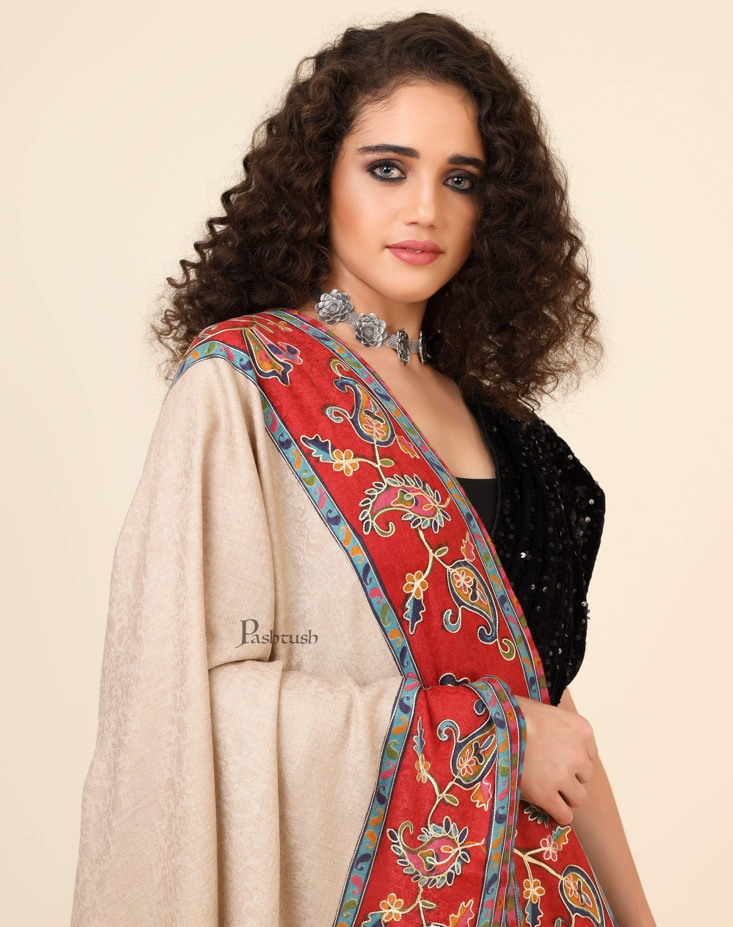 Pashtush Womens Kalamkari Embroidery Shawl, Fine Wool Shawls, Medium - Image 3