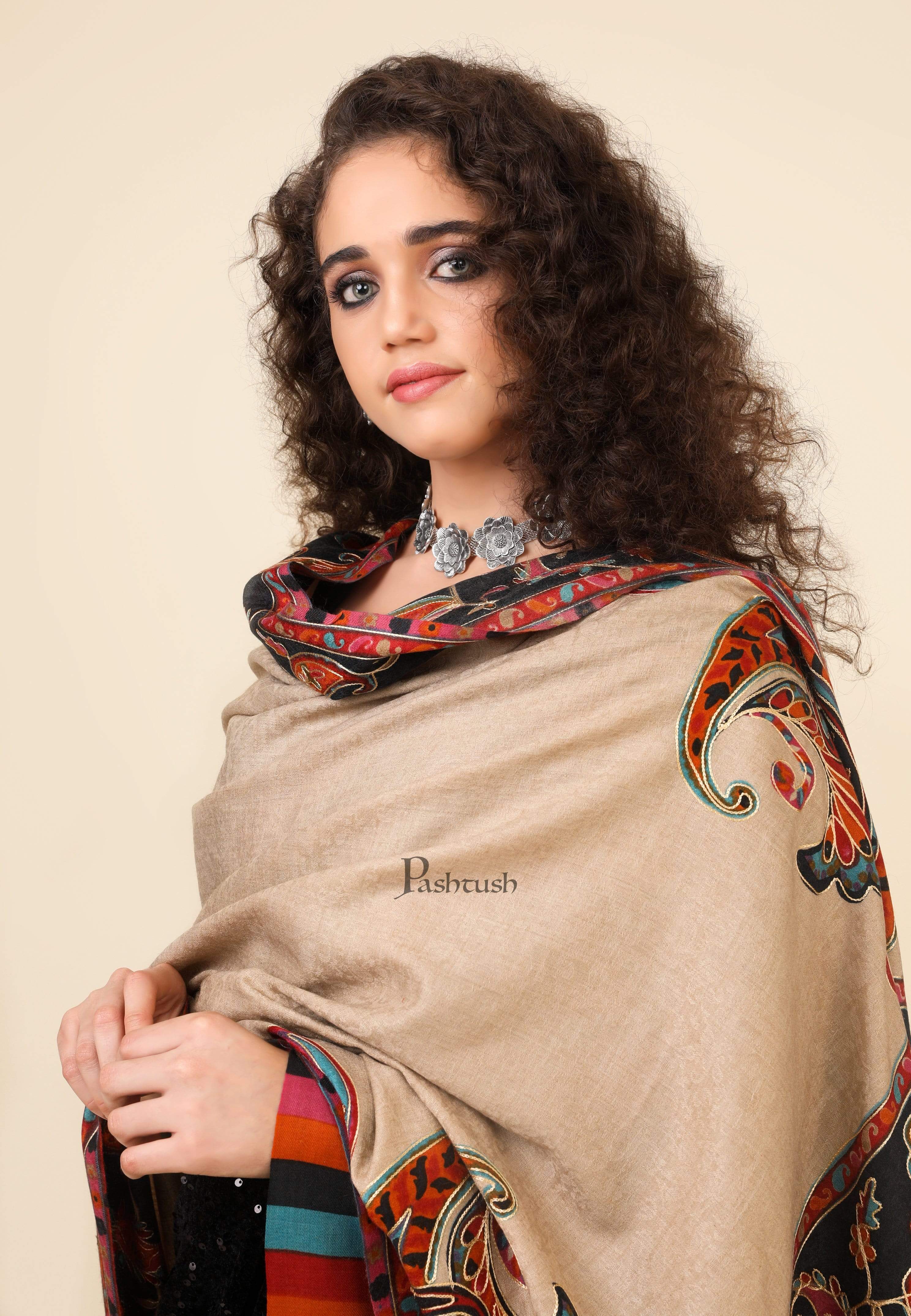 Pashtush Womens Kalamkari Embroidery Shawl, Fine Wool Shawls, Medium - Image 2