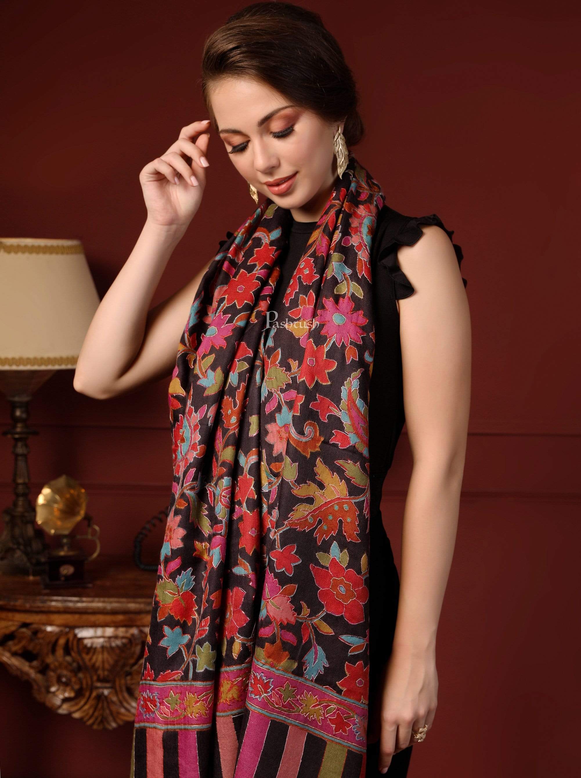 Pashtush Womens 100% Hand Embroidered Kalamkari Fine Wool Hand Printed Stole, Rich Black