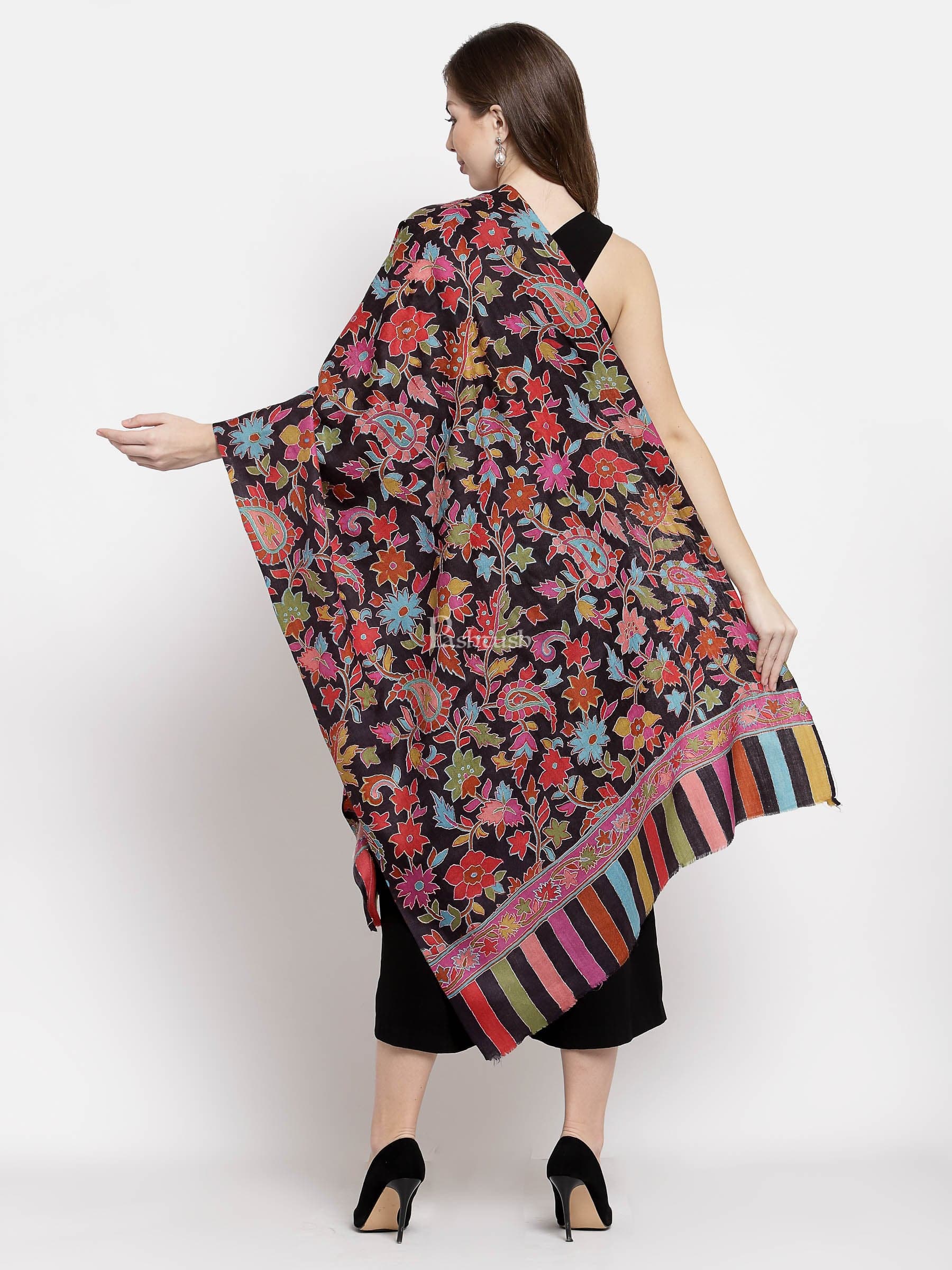 Pashtush Womens 100% Hand Embroidered Kalamkari Fine Wool Hand Printed Stole, Rich Black - Image 2