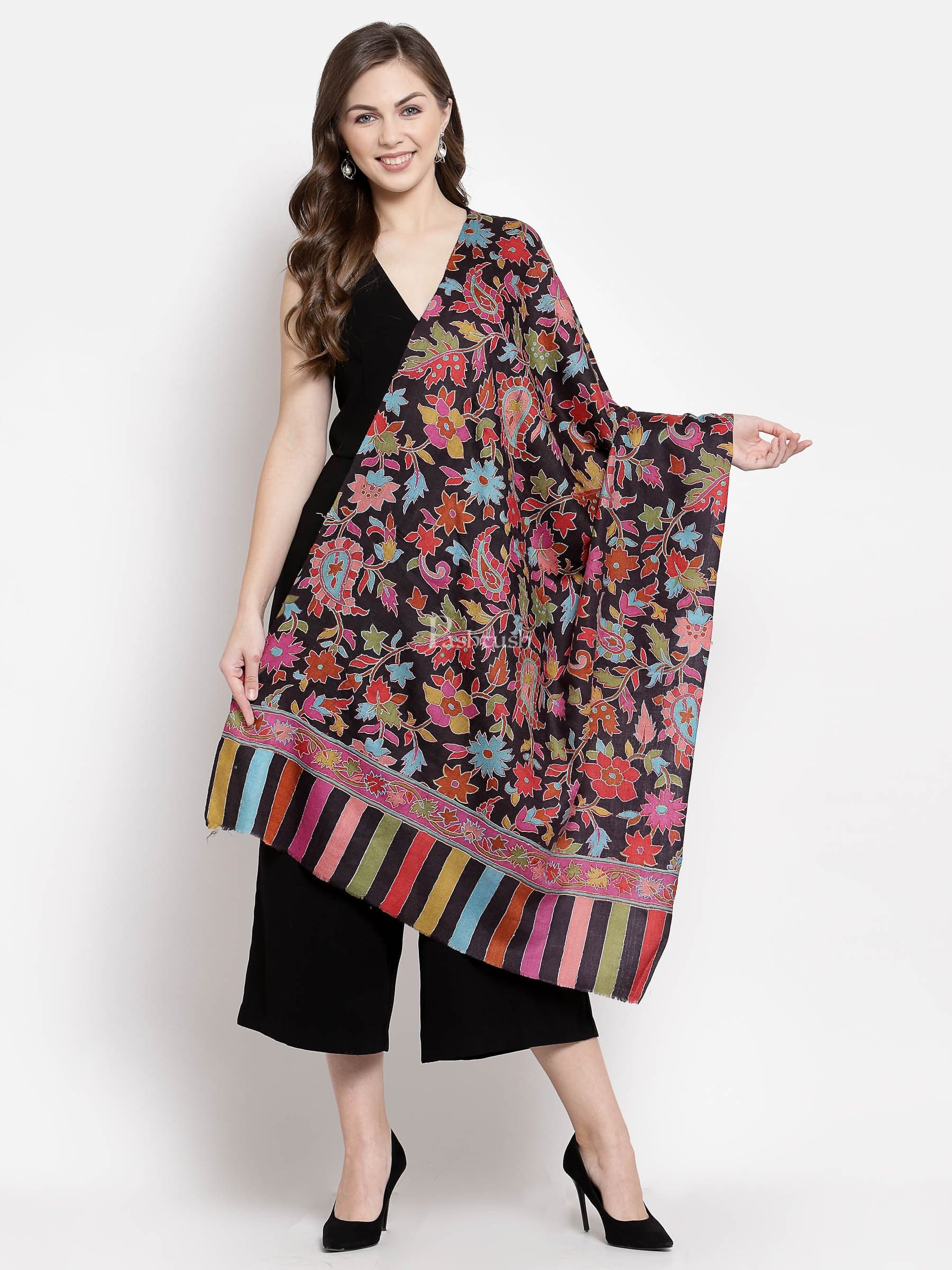 Pashtush Womens 100% Hand Embroidered Kalamkari Fine Wool Hand Printed Stole, Rich Black - Image 4