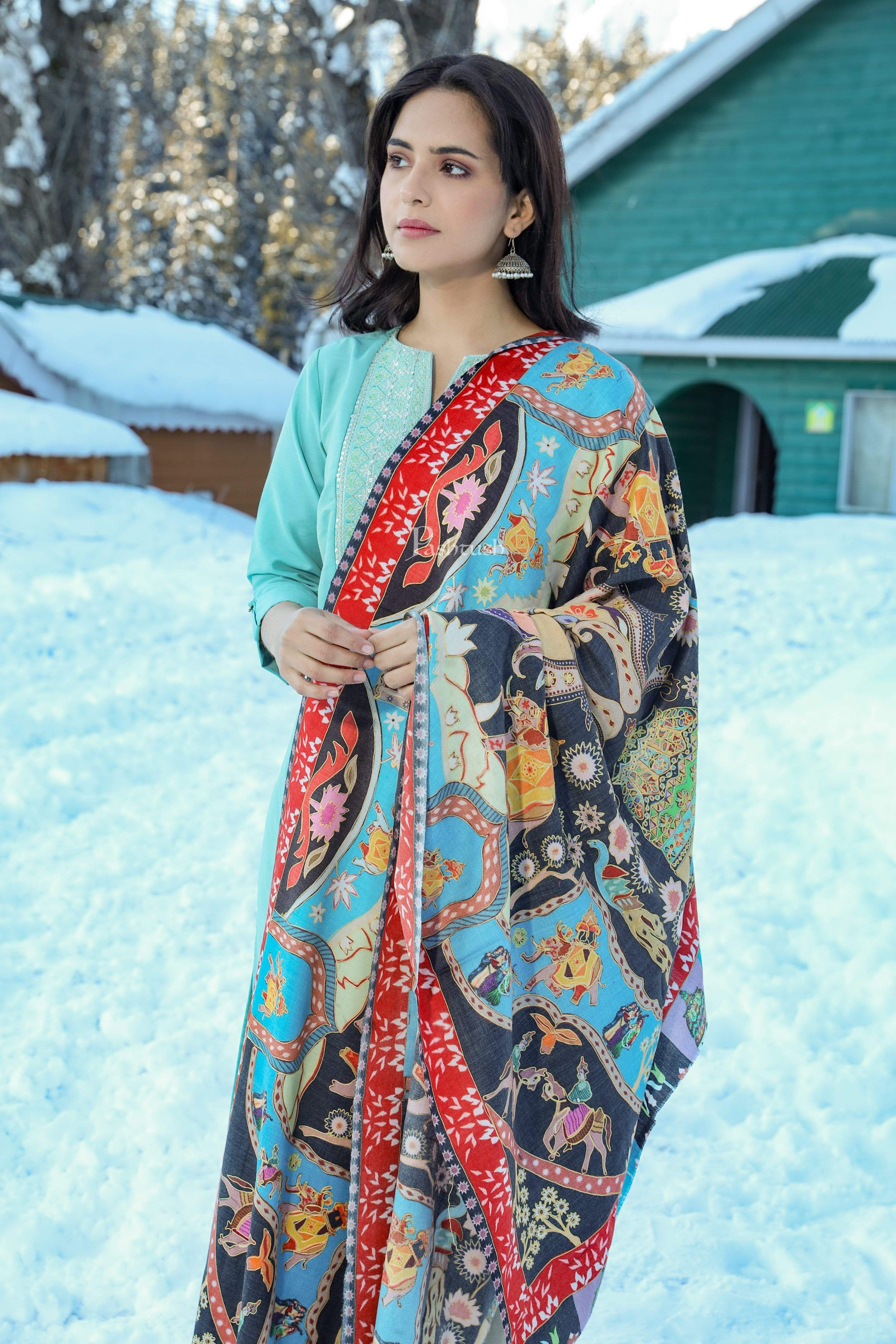 Pashtush Womens Kalamkari Shawl, Multicoloured, With Outline Embroidery, 100% Pure Woolmark Certified