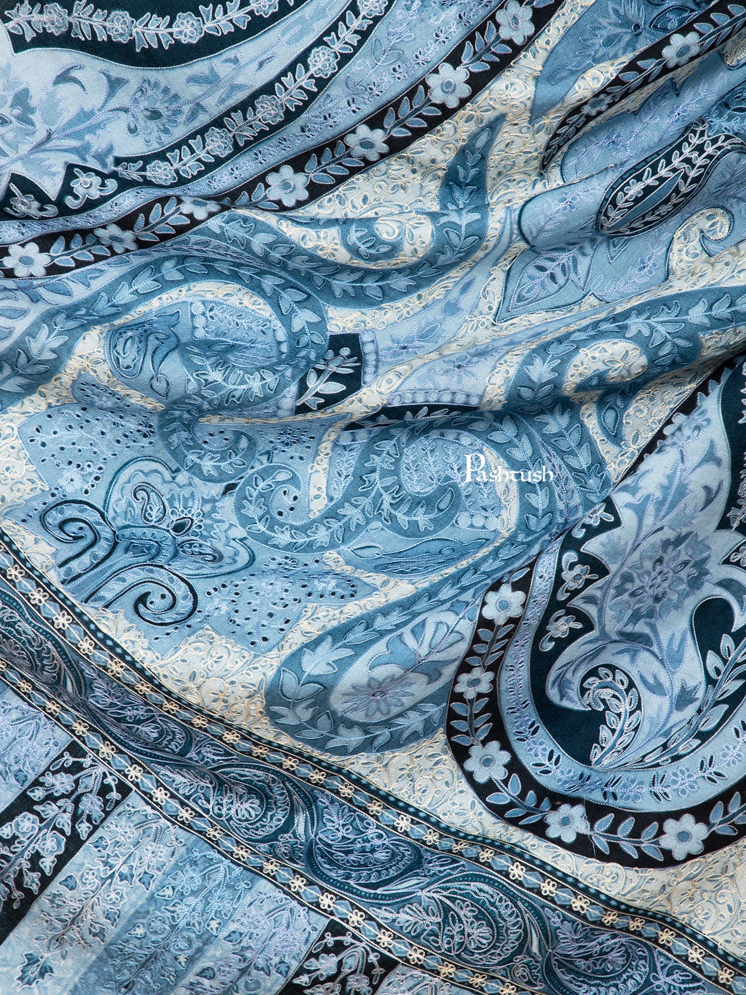 Pashtush Womens Kalamkari Shawl, Outline Hand Embroidery, Intricate Paisley Work, Azure - Image 2