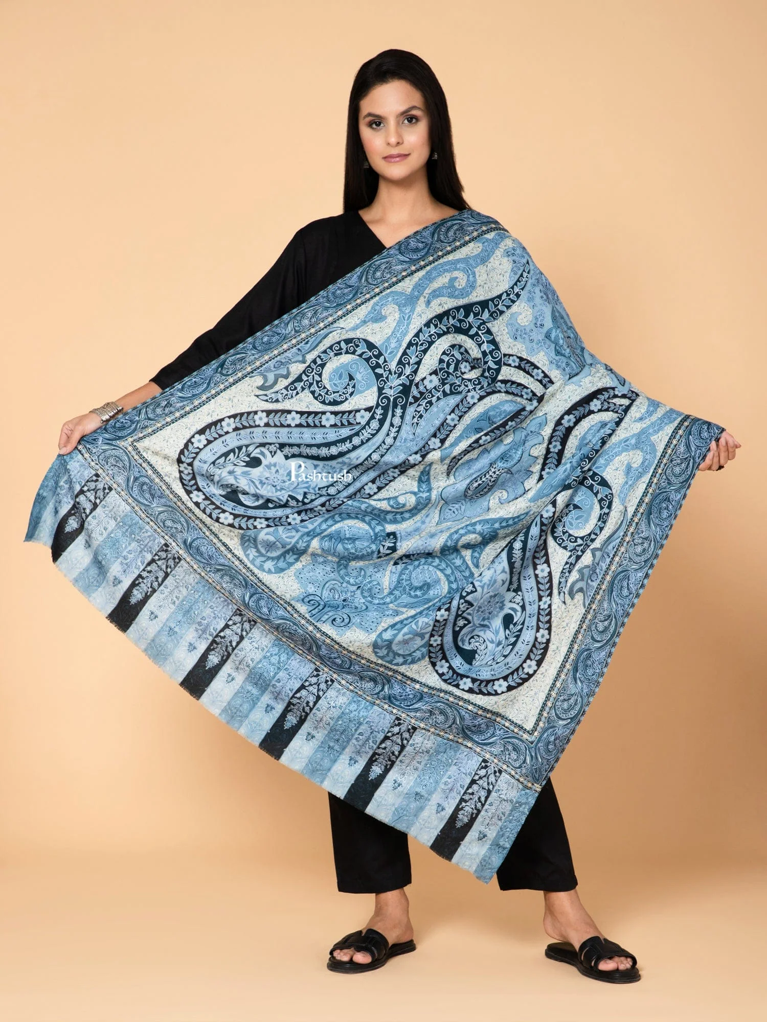 Pashtush Womens Kalamkari Shawl, Outline Hand Embroidery, Intricate Paisley Work, Azure - Image 3