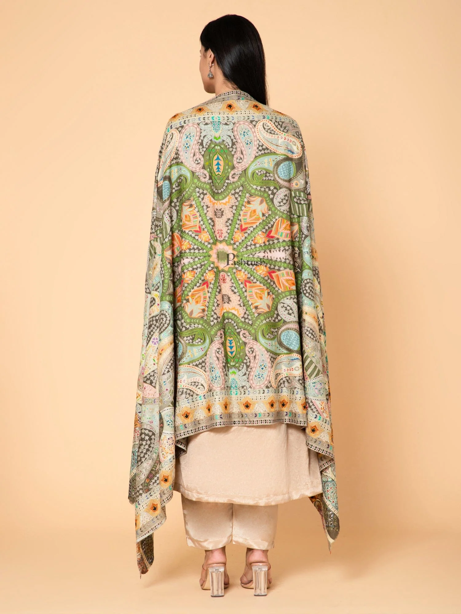 Pashtush Womens Kalamkari Shawl, Outline Hand Embroidery, Intricate Paisley Work, Azure Pastel Hues - Image 4